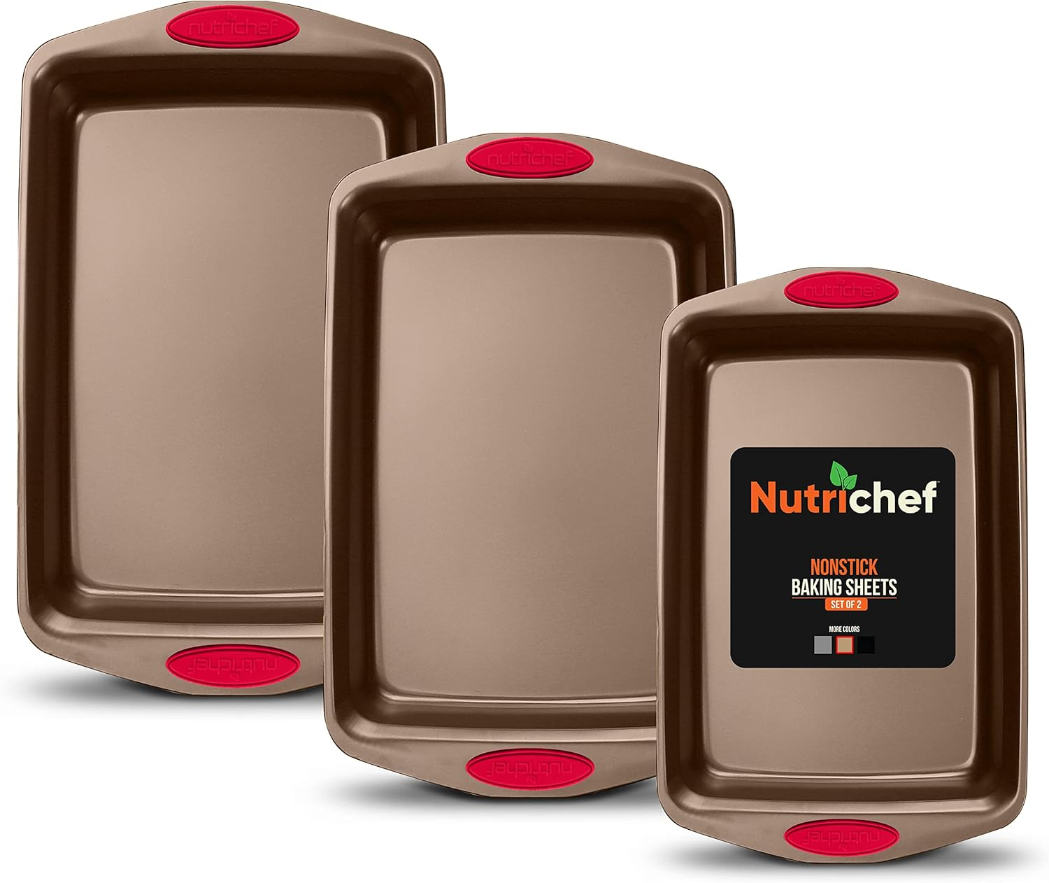 Nutrichef 3-Piece Baking Pan Set - Premium Nonstick Carbon Steel Bakeware W/Silicone Handles - Includes Large, Medium, & Small Pans for Baking & Roasting - PFOA, PFOS, PTFE Free - Gray