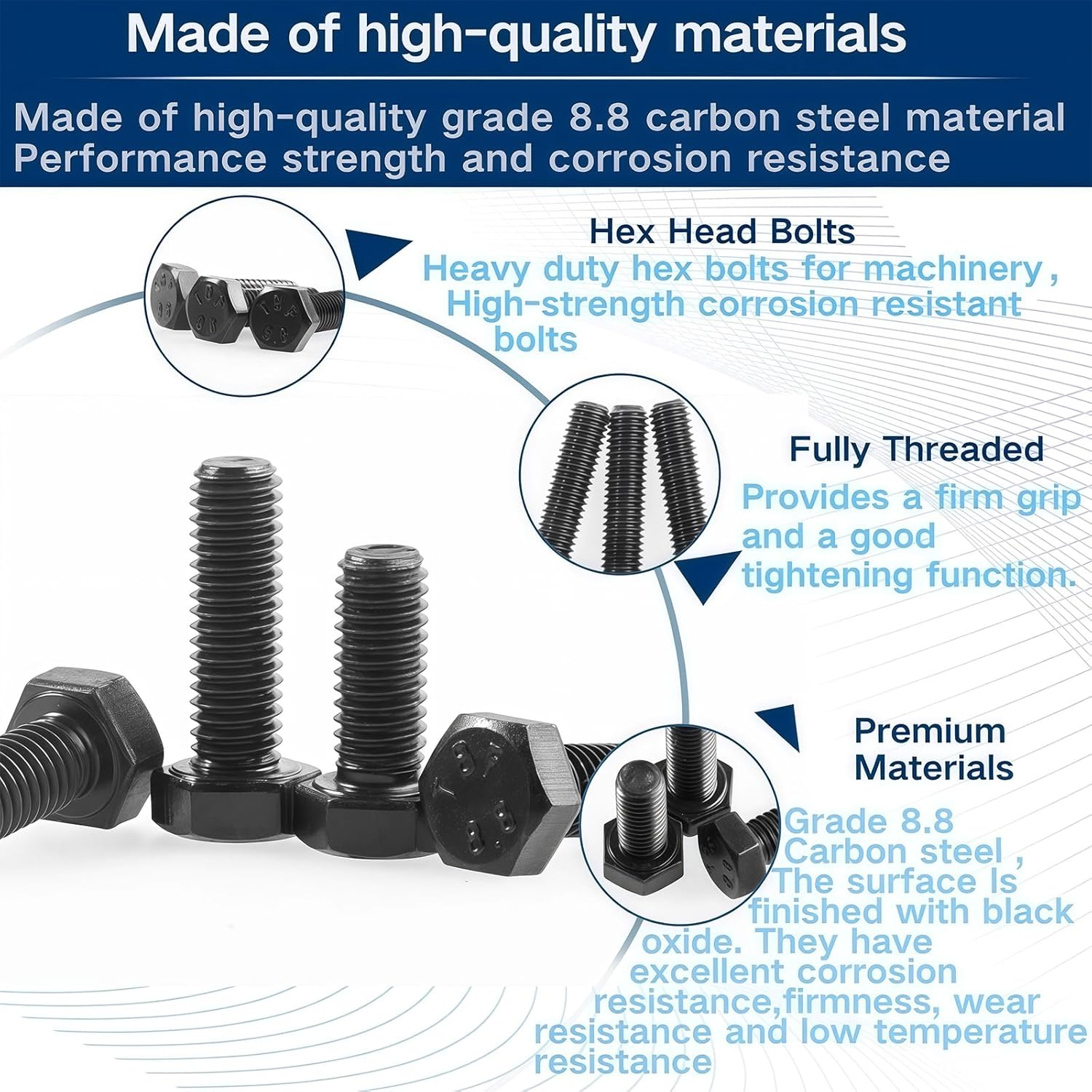 Zmbroll M6 Hex Bolts and Nuts Kit 148Pcs External Hex Head Cap Metric Machine Screws M5X12/16/20/25/30/35/40/45Mm 8.8 Grade Alloy Steel Black Screws Heavy Duty Hex Fasteners for Machinery image number 6