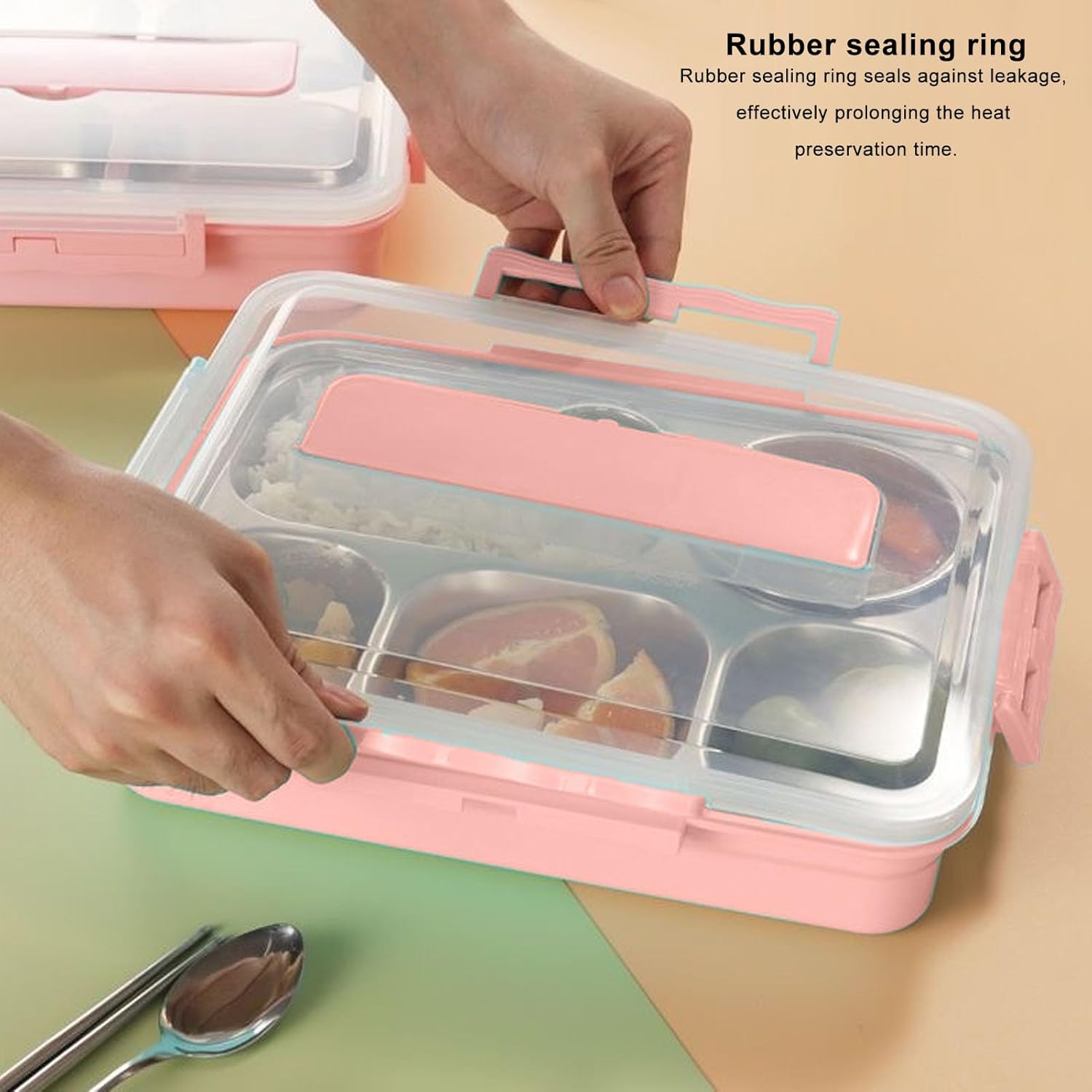 Gernie Feminine Practical Stainless Steel Lunch Box, 5 Compartments with Lid, Chopsticks, Spoon, Soup Bowl, Reusable Lunch Container, Portion Control Divided Dinner Tray for School, Office