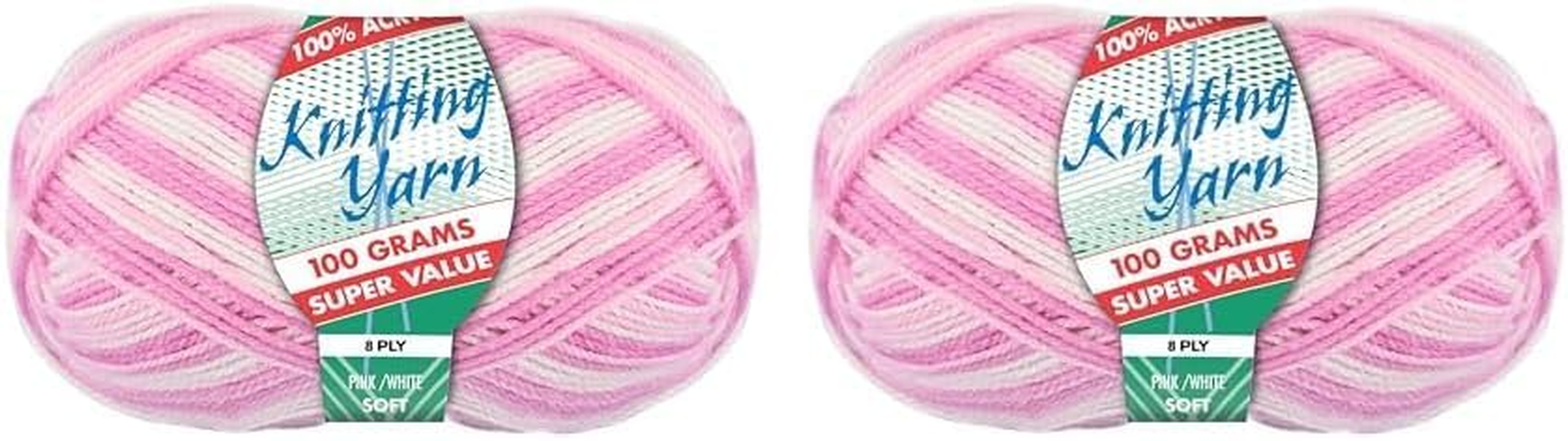 100% Acrylic 8-Ply Knitting Yarn 100 G, Pink/White image number 3