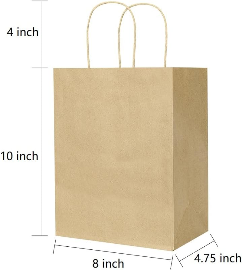 Oikss 100 Pack 8X4.75X10 Inch Medium Plain Natural Paper Bags with Handles Bulk, Kraft Bags for Birthday Party Favors Grocery Retail Shopping Business Goody Gift Bags Sacks (Brown 100 PCS Count) image number 1