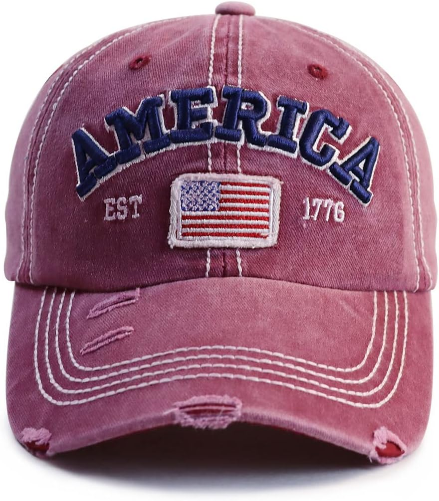 American Flag Hat for Men Women, Funny Adjustable Cotton Embroidered Distressed Baseball Cap