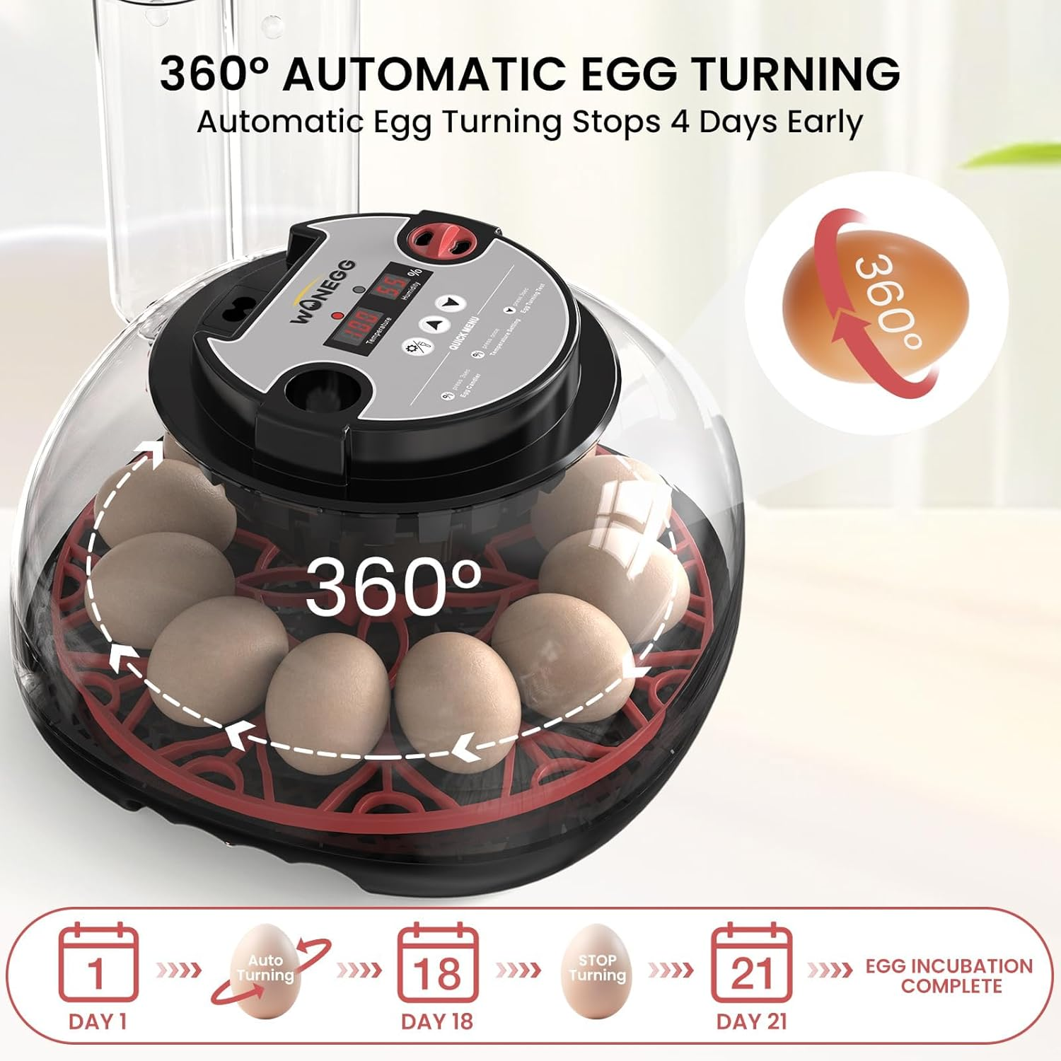 12 Egg Incubator for Hatching Chicken/Quail/Duck Eggs, Auto Turning, Digital Humidity/Temp Control, LED Candler, Auto Water Refill, 360&deg; View (Smart Sensor) image number 3