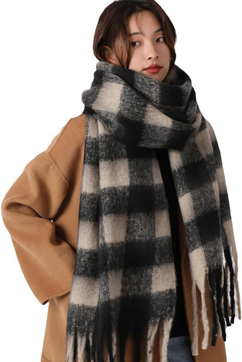 Youcoscos Winter Scarf for Women Oversized Chunky Plaid Scarves Large Plaid Thick Soft Warm Blanket Scarfs Tassel Shawl