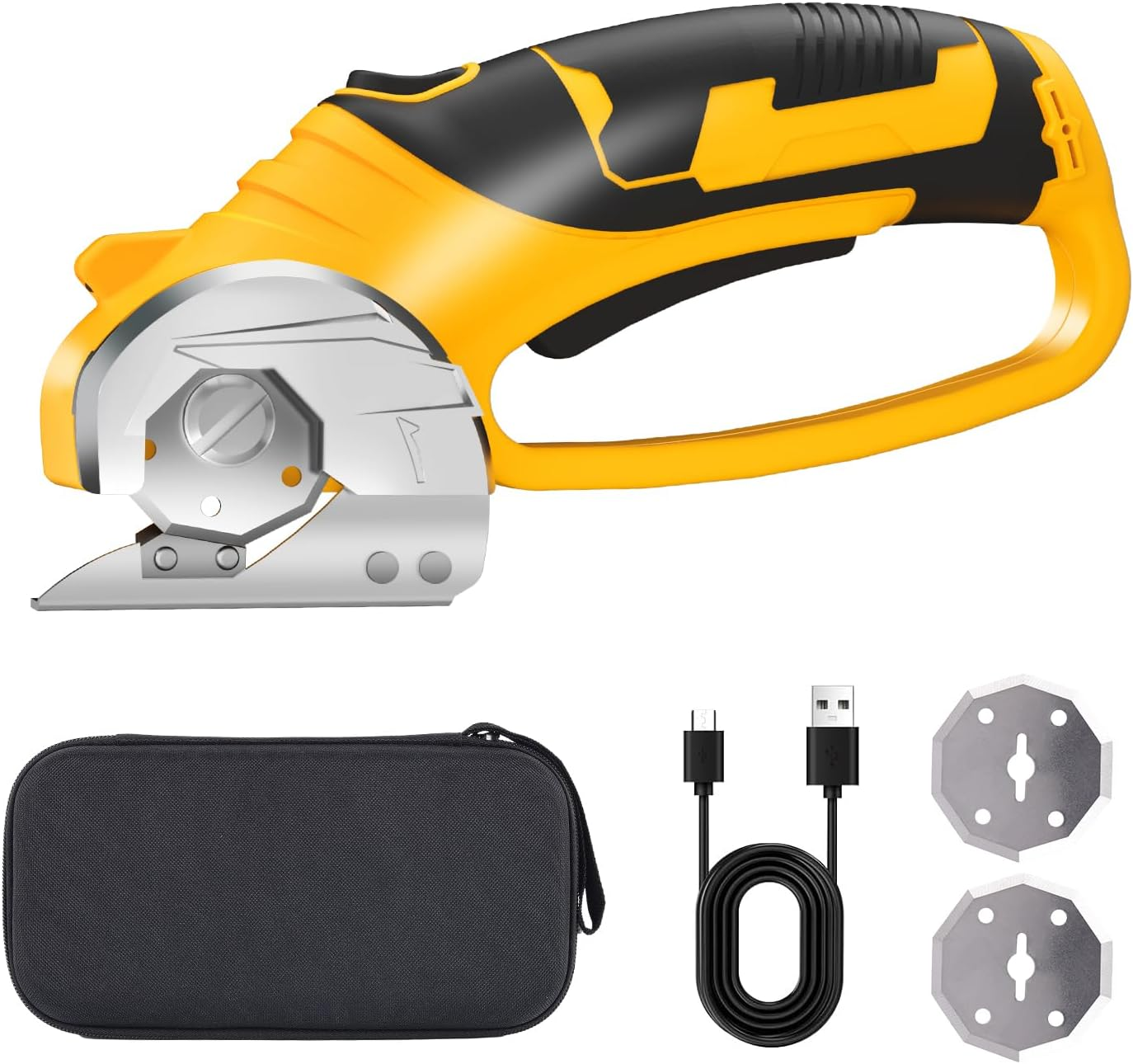 Cordless Electric Scissors, 4V Rechargeable Fabric Cutter with Safety Lock & Light, Heavy Duty Power Rotary Cutter for Leather, Carpet, Cardboard, Sewing & Crafting, 2 X Blades (Yellow) image number 4