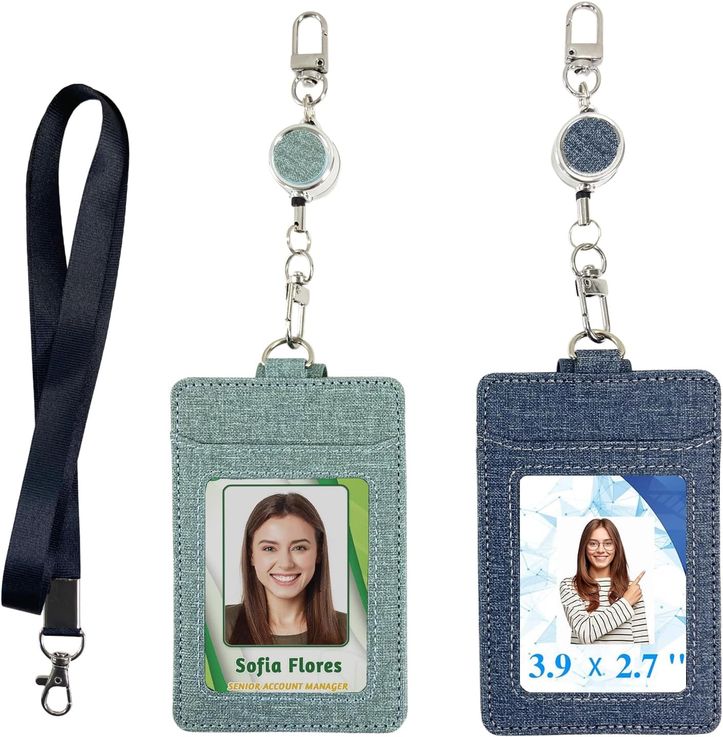 Badge Holder with Lanyard Set - Heavy Duty Carabiner Clip Retractable Reel Keychain with ID Card Badge Holder (Light Green+Deep Blue)