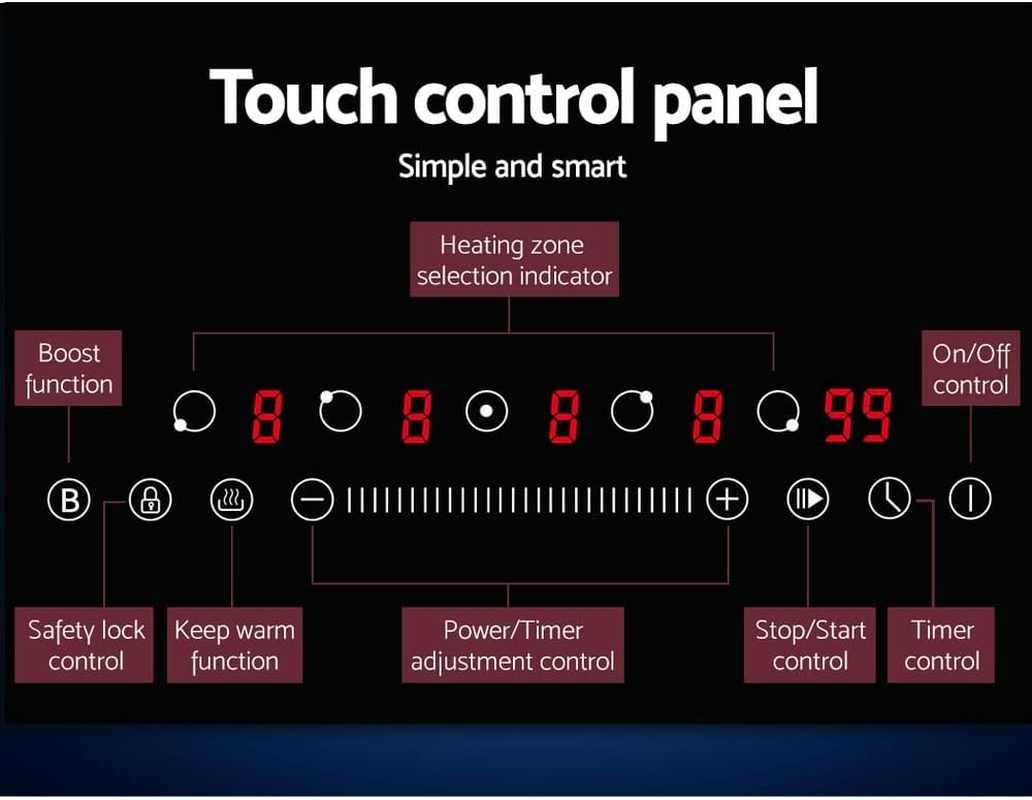 Devanti Induction Cooktop, Ceramic Glass Portable Cookware Cooker Super Powerful Electric Stove Plate Home Kitchen Appliance, with 5 Cooking Zones Touch Control Panel Black image number 6