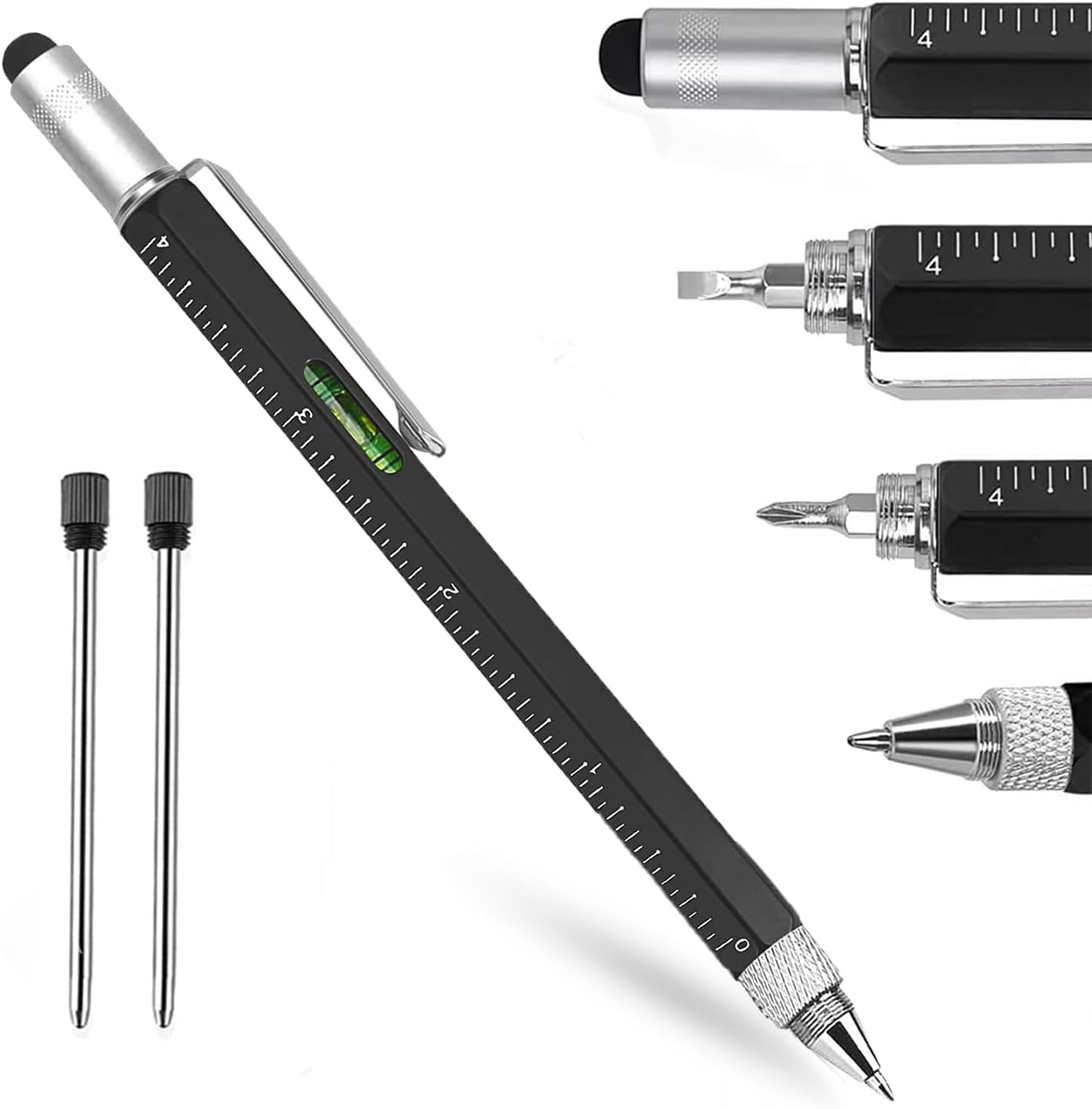 Zvorgath Multitool Pen Set - 6 in 1 Touchscreen Stylus, Ruler, Level, Screwdriver Set, Ballpoint Pen, Elegant Gifts for Men, Dad, Husband, Grandpa, Teacher (Black) image number 2