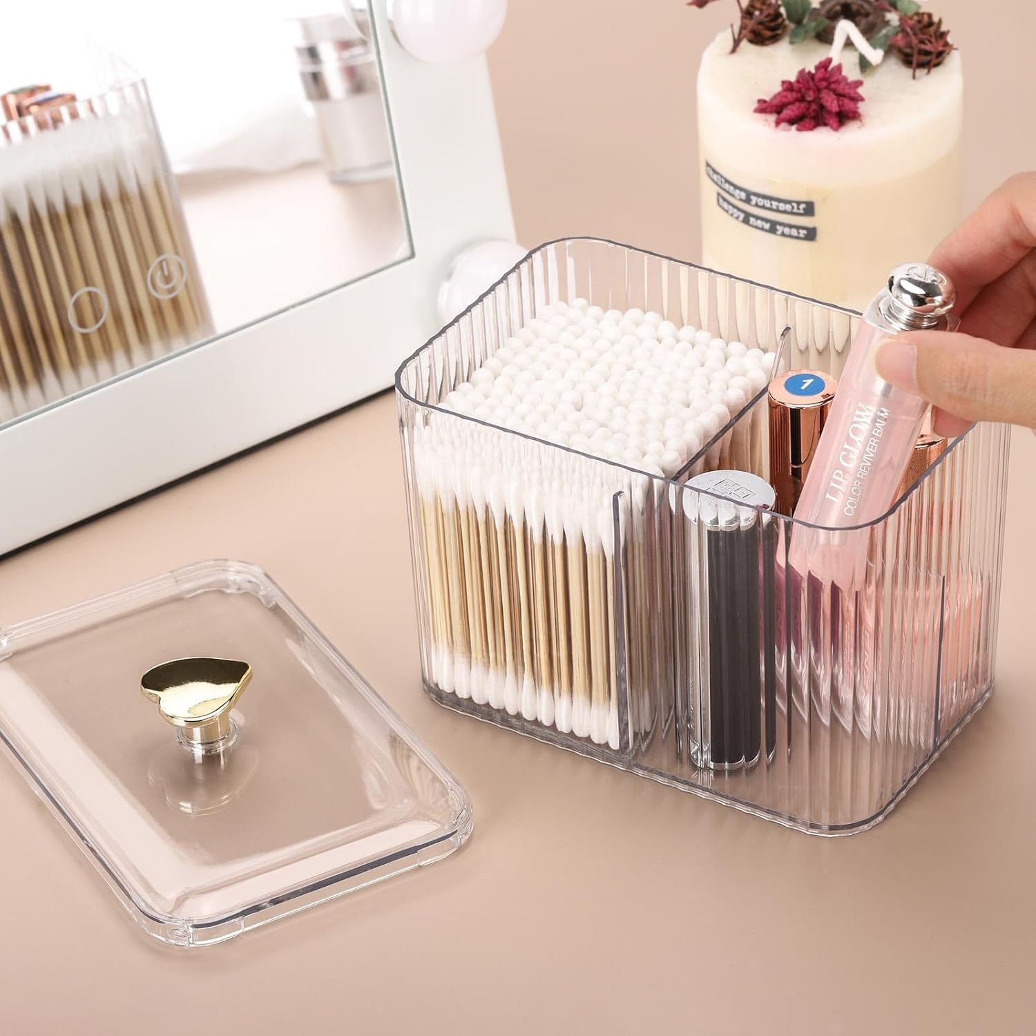 3 Grids Apothecary Jar Organizer, 1Pc 3-Section Cotton Ball Swabs Dispenser,3-Section Clear Bathroom Organizer Jar 3 Grids Cotton Swab Pad Ball Holder Container, Clear image number 6