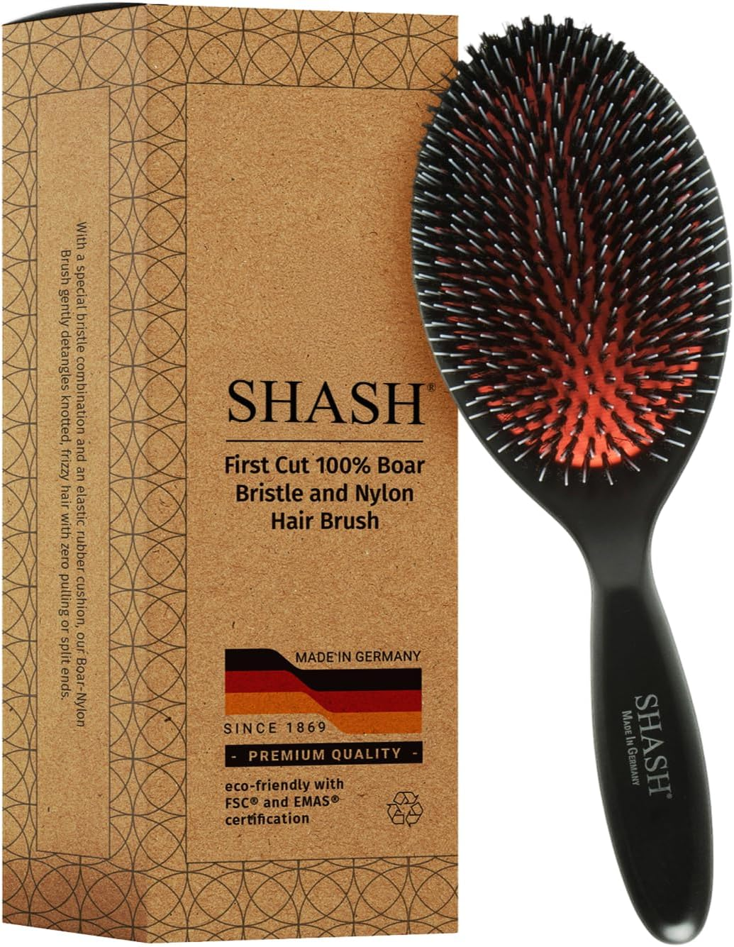 Made in Germany - SHASH Nylon Boar Bristle Brush Suitable for Normal to Thick Hair - Gently Detangles, No Pulling or Split Ends - Softens and Improves Hair Texture, Stimulates Scalp (Large) image number 2