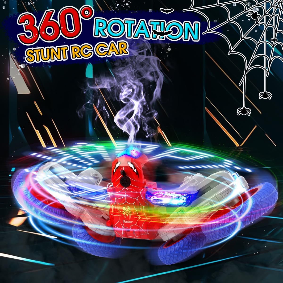 Spider Remote Control Car, 2.4Ghz RC Cars with Headlights & Cool Spray，Double Sided 4WD Off-Road 360&deg; Rotating RC Stunt Car，Indoor/Outdoor Rechargeable Spider Toy Car for Boys Age 4-6 5-7 8-13 image number 1