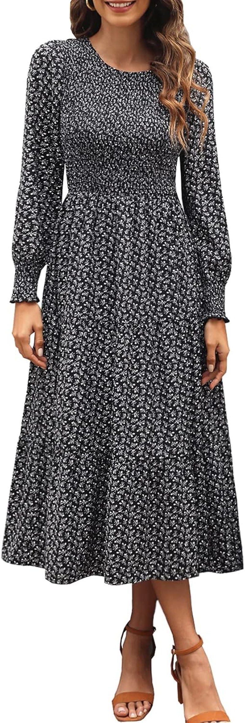 Zattcas Womens Fall Dresses 2024 Casual Long Sleeve Smocked Boho Floral Tiered Midi Wedding Guest Dress with Pockets