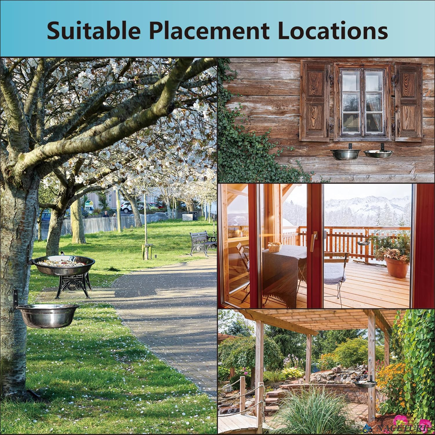 2 Pack 8 Inch Bird Feeders and Squirrel Feeder outside Hanging Tree Mounted &ndash;Bird Feeding Station Water Bowl for Wall Mounted, Bird Feeder Kit Stainless Steel Bowl for Outdoor Fence, Deck image number 3