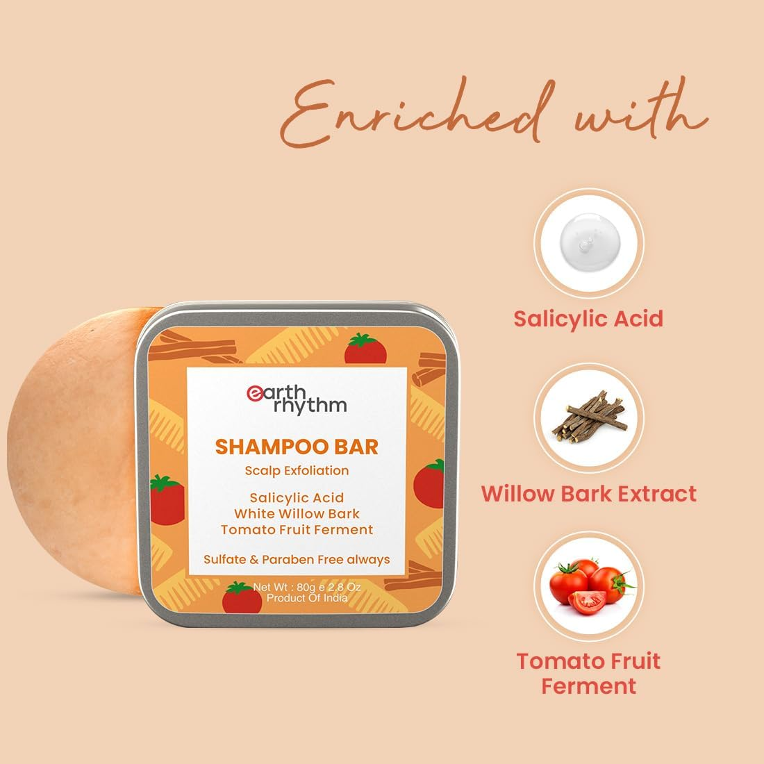 Earth Rhythm Exfoliating Shampoo Bar with 2% Salicylic Acid & Tomato Ferment (Tin Packaging) - 80 Gm image number 2