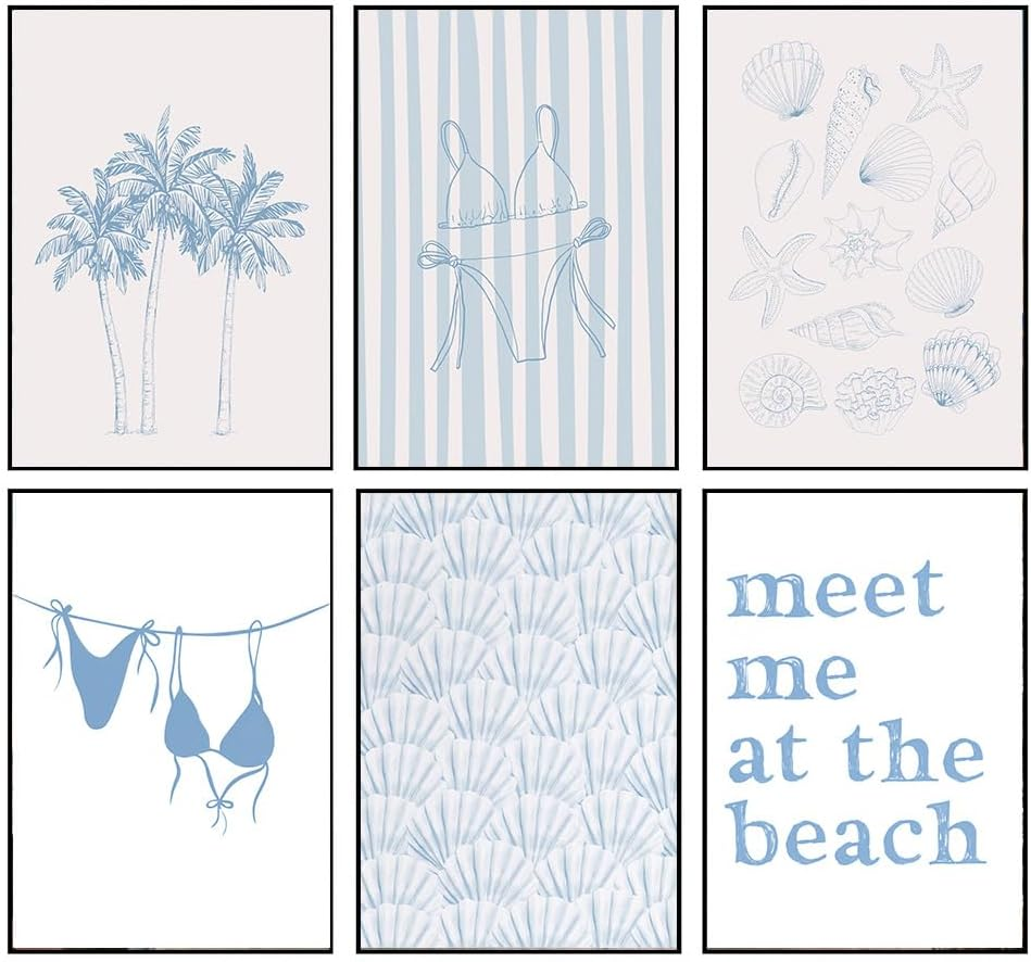 Blue Coastal Beach Wall Art Poster Summer Surf Gallery Canvas Wall, Coastal Cowgirl Aesthetic Room Decor Surf up Prints, Beachy Coastal Wall Art Life Poster Preppy Beach Print Artwork Painting (Poster