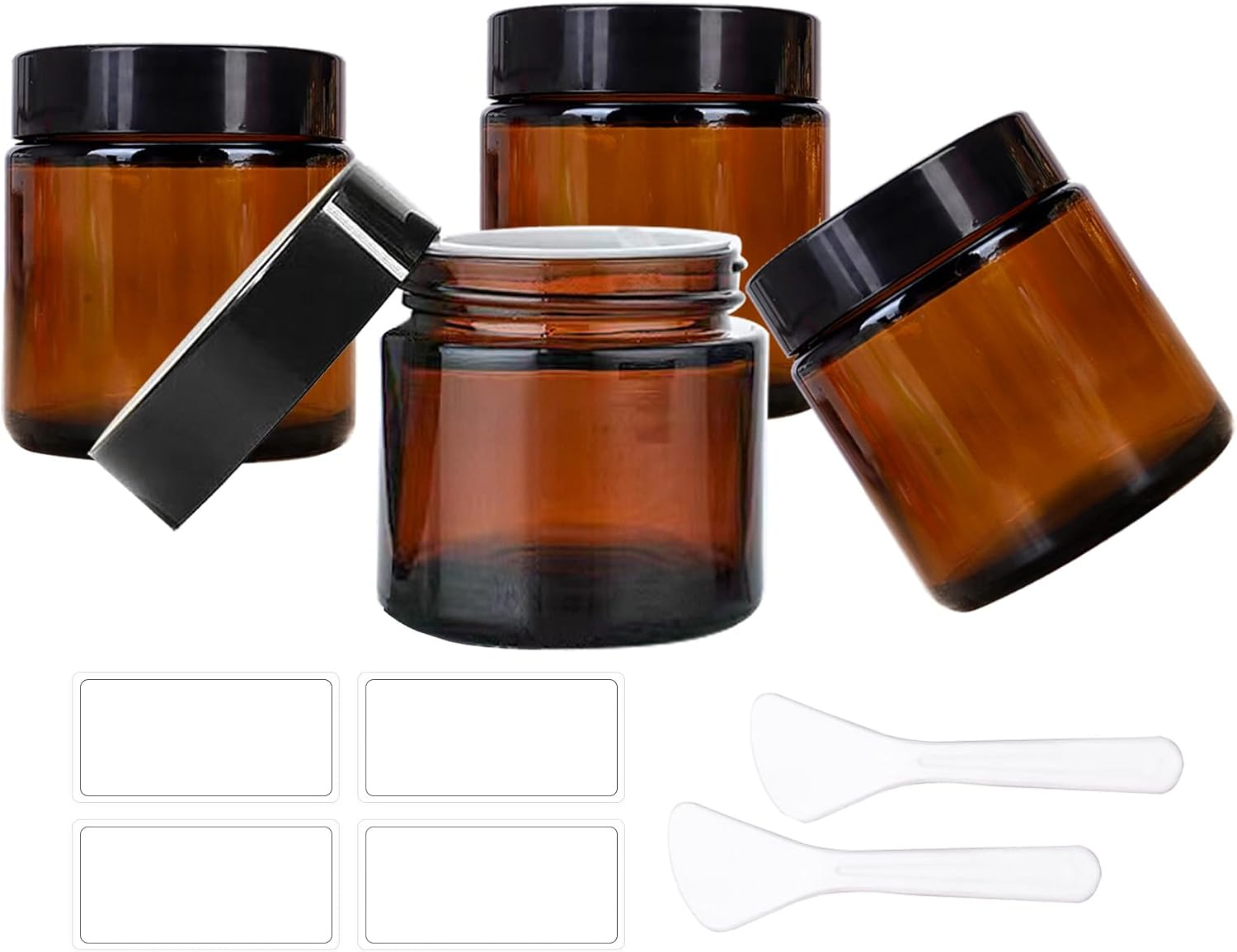 BEGIKET 4 Pack 2 Oz Amber Glass Jars with Lids，60Ml Empty round Glass Jar with Inner Liners and Black Lids,Cosmetic Containers for Storing Cream,Ointments,Lotion (Amber - Black Lid)
