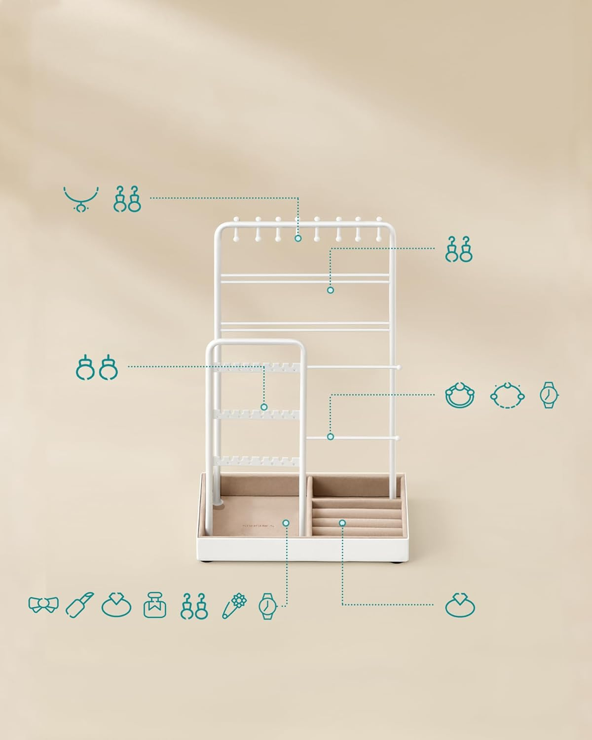 Songmics SONGMICS Jewellery Stand, Jewellery Organiser, Jewellery Display Stand with Metal Frame and Velvet Tray, Earring Bracelet Holder, Necklace Stand, for Studs, Rings, Gift Idea, White JJS021W01 image number 2