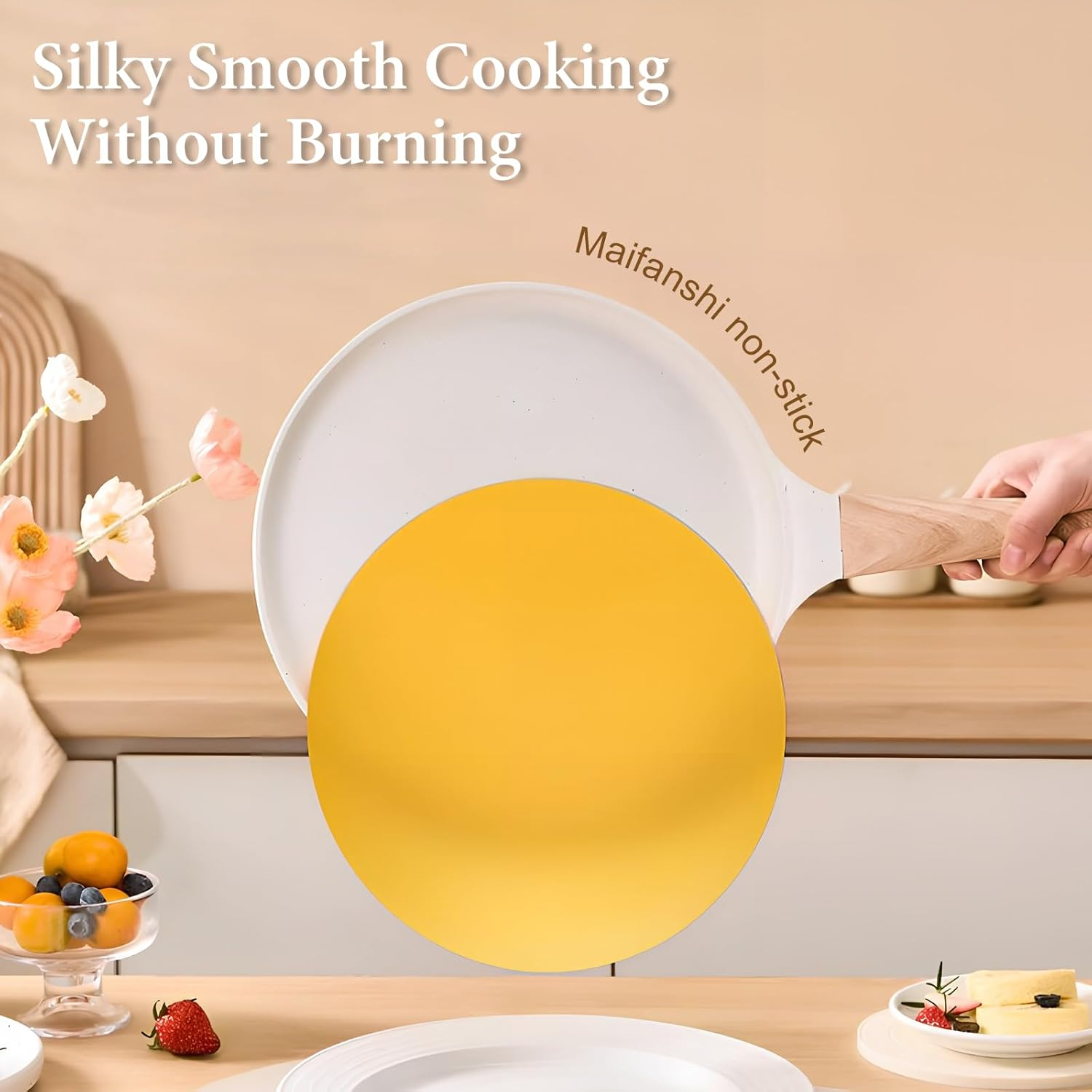 Crepe Pan 24Cm, Non-Stick Frying Pan, Pancake Pan, with Removable Handle, Non-Stick Medical Stone Coating, for All Hobs and Induction Cookers, PFOA Free (White) image number 5