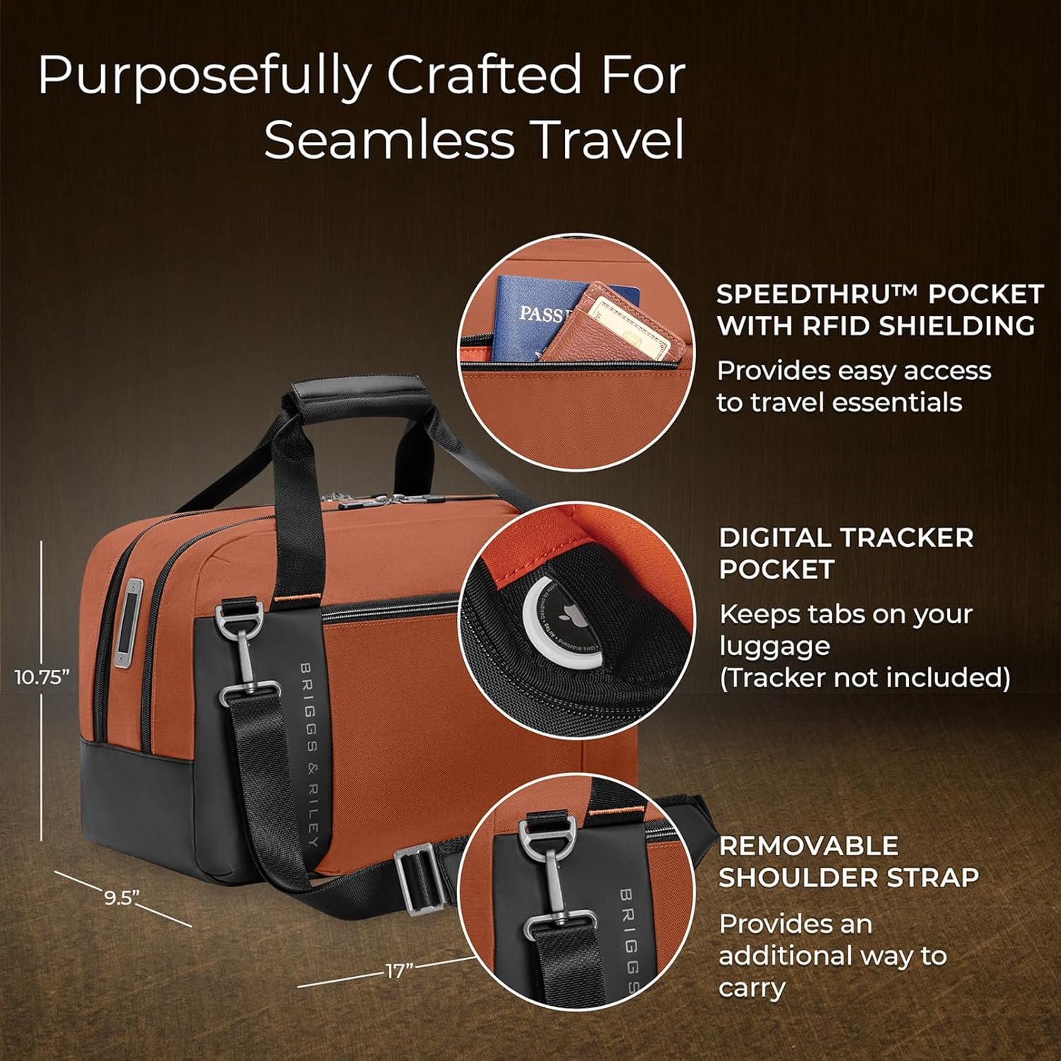 Briggs & Riley Underseat Cabin Bag - Carry on Luggage for Travel, Softside Bag for Men & Women, RFID Data Protection, Adjustable Shoulder Strap, Fits up to 16" Laptop - ZDX Collection, Canyon image number 1