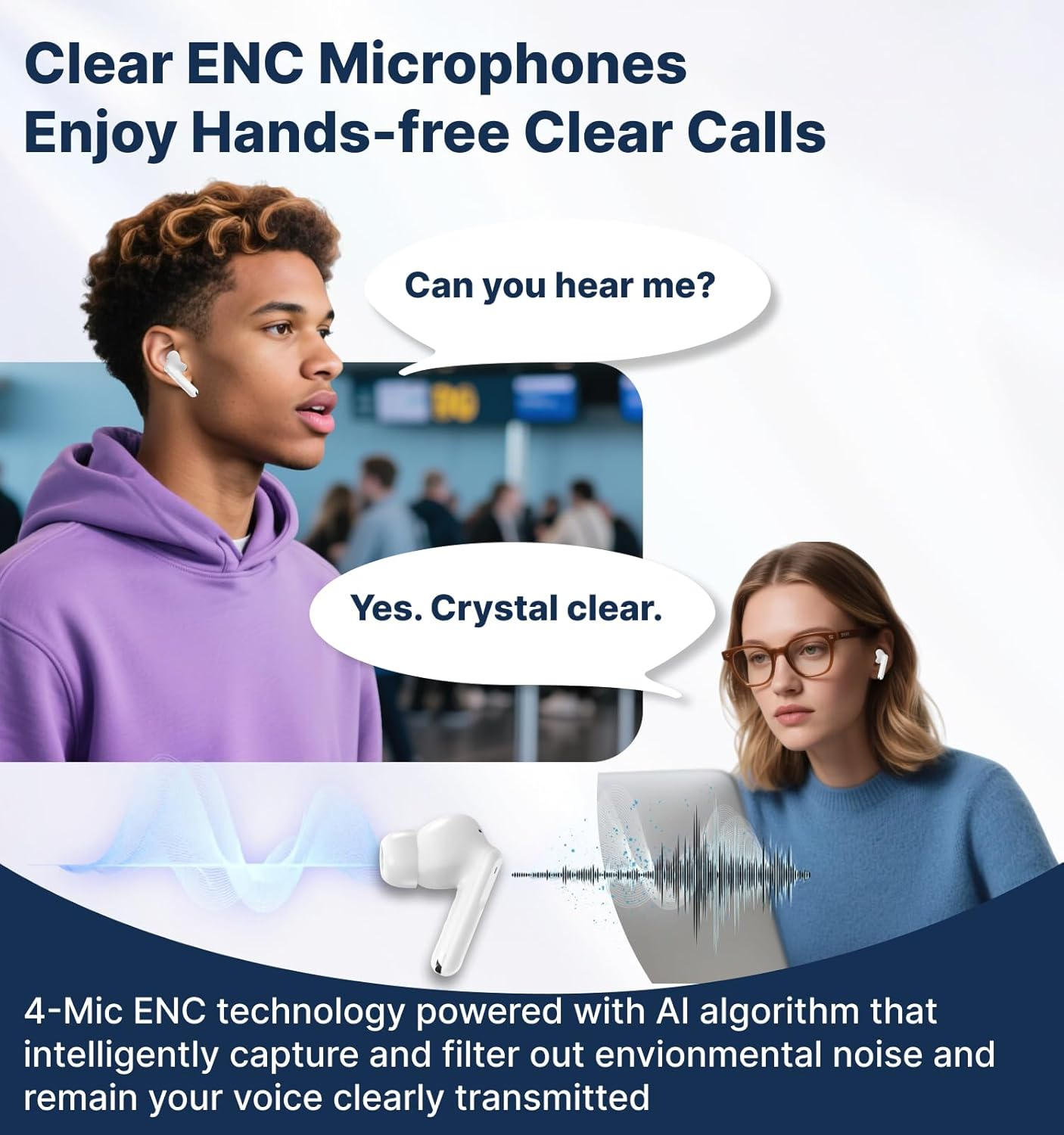 Hmusic H26 Wireless Earbuds, 4 Mic ENC in Ear Headphones, Bluetooth Earphones 40H Playtime W/Charging Case, LED Display, Long Battery Life, Waterproof Workout Sport for Android Ios image number 4