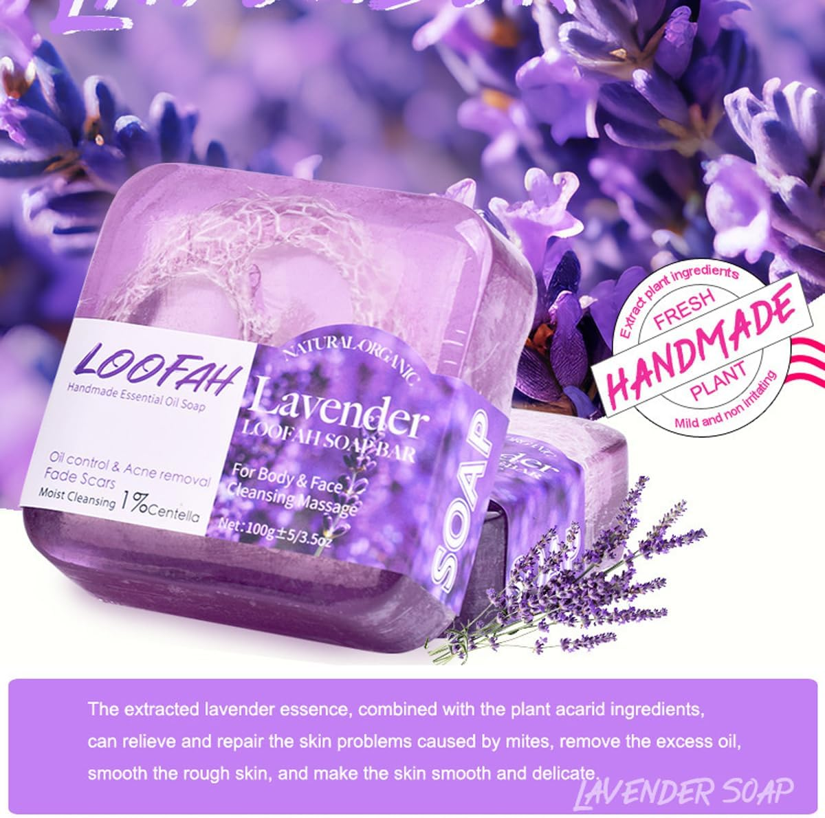 AIMALL 5PCS Loofah Soap Bars with Lavender Essential Oil &ndash; Exfoliating Handmade Glycerin Face & Body Cleansing Bars for Acne, Oil Control & Smooth Skin, 6.5X6.5X2Cm Each