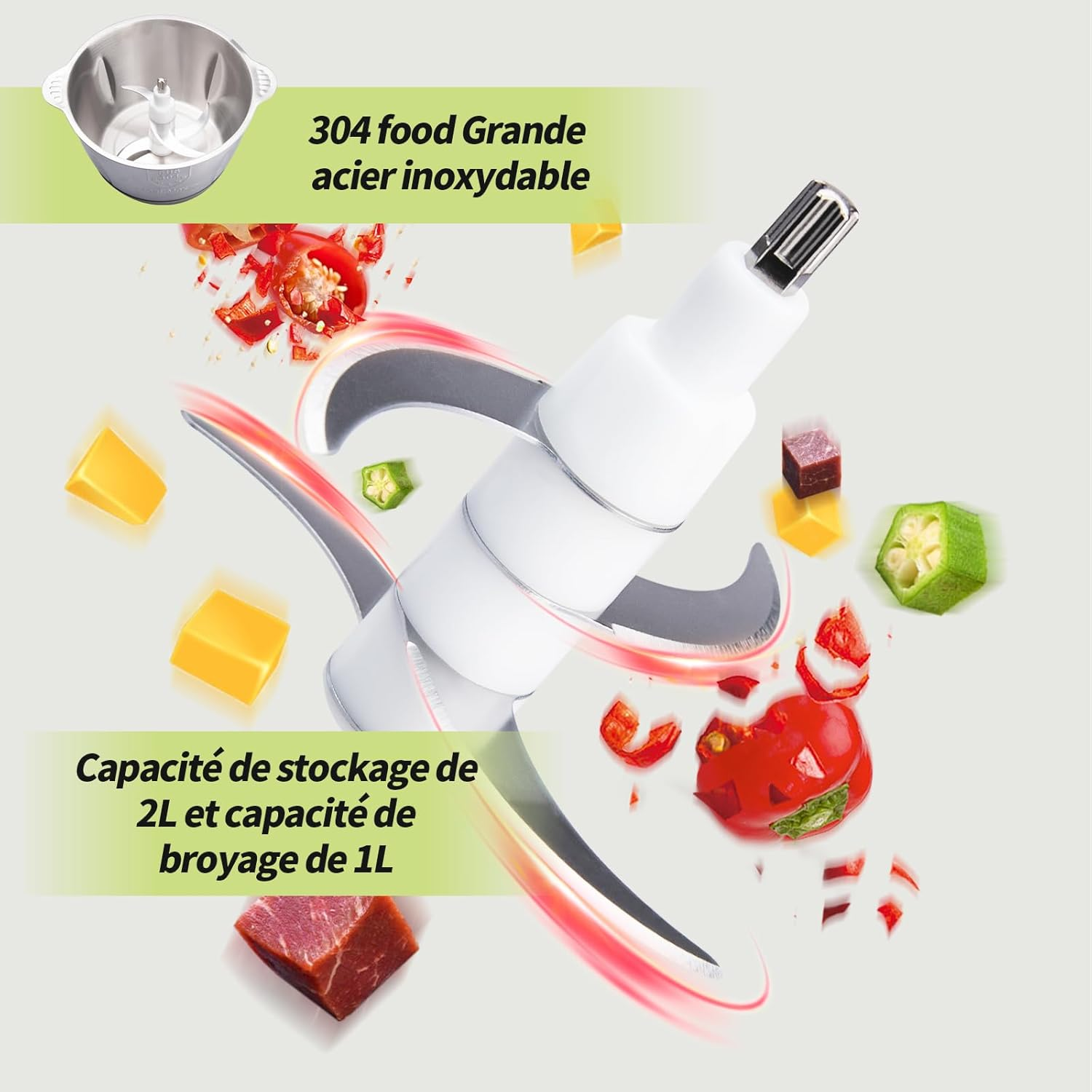 Electric Chopper, 300W Blender Chopper 2L with Copper Motor & Stainless Steel Bowls, 4 Removable Blades, 2 Adjustable Speeds Food Processor for Meat/Vegetables/Fruits/Kitchen image number 5