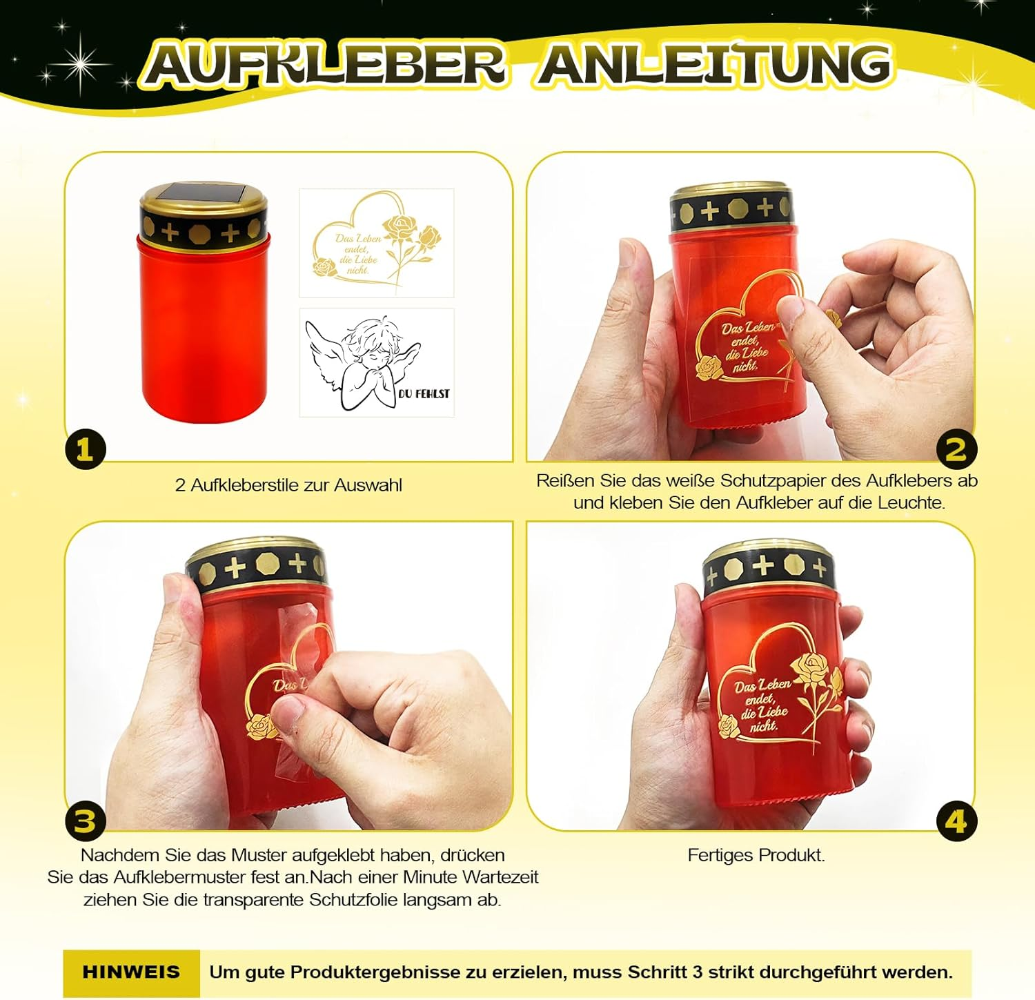 JUNUNDJING 2 Solar LED Grave Lights Funeral Candles with 4 Stickers (2 Types of Motif), Grave Light Solar LED Cemetery Candles IP55 Weatherproof with 2 Ground Spikes 2 Extensions and Twilight Sensor image number 1