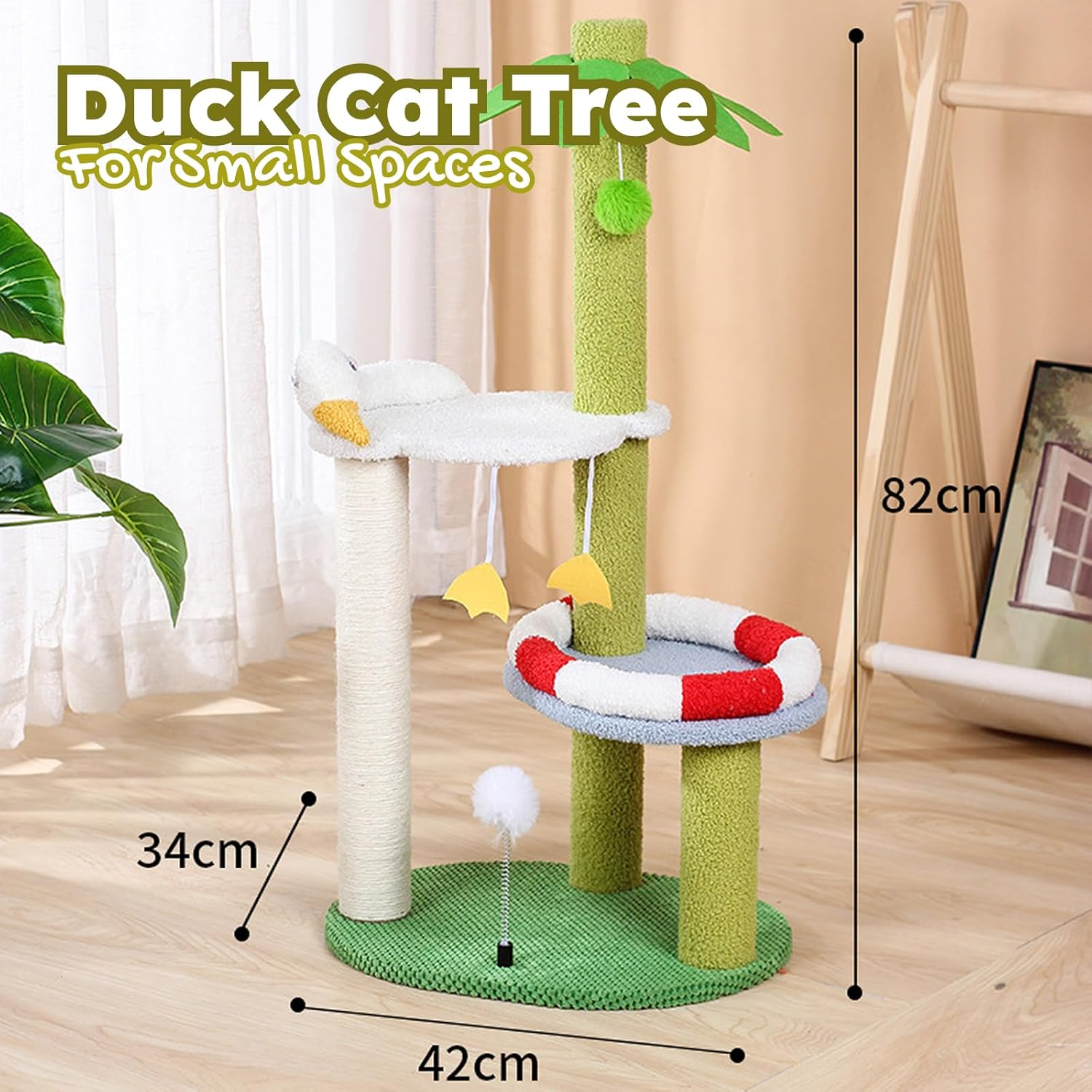 Beach-Themed Cat Tree - Duck Shaped Cat Tower with Palm Tree, Swimming Ring-Shaped Bed, Scratching Post, and Hanging Toys, Fun Cat Activity Tower for Kittens, Small Cats, 82Cm Tall