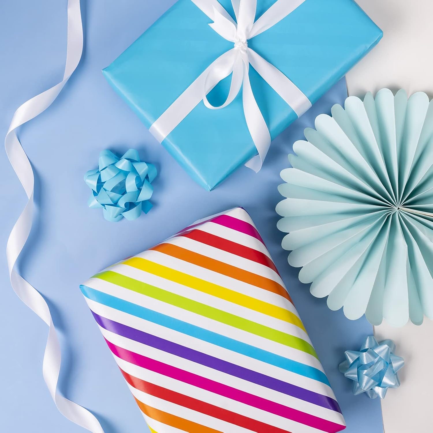 WRAPAHOLIC Reversible Wrapping Paper - Mini Roll - 17 Inch X 33 Feet - Rainbow Stripe and Solid Blue Design for Birthday, Celebration, Baby Shower image number 3