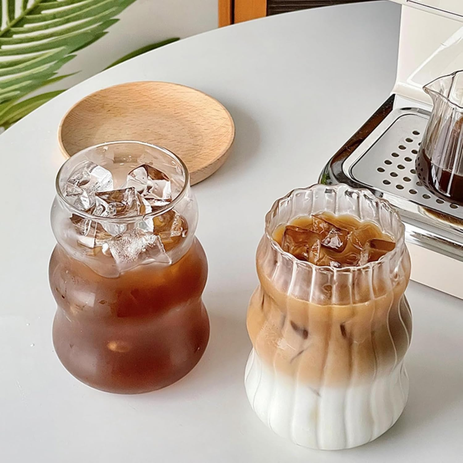Vintage Ribbed Glass Drinking Cups, Wave Design, 530ML Capacity, 2 Pack Set for Coffee, Tea, Juice, Cocktails, Clear Glass with Curved Shape, 12.5Cm Height image number 3