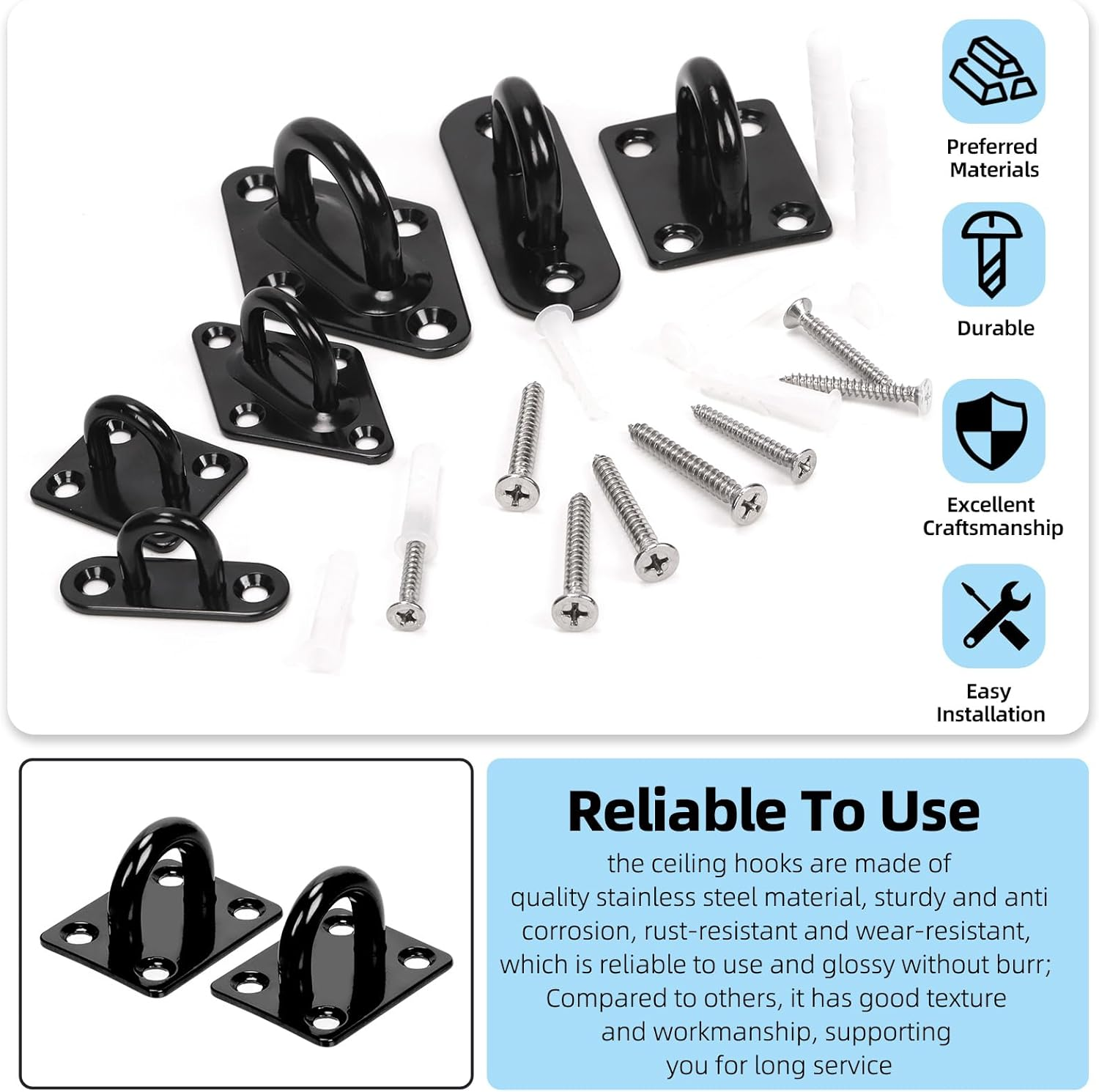 Glarks 36Pcs M8 Stainless Steel Pad Eye Plate Hook Kit, Square Eye Plate U Hooks Heavy Duty Ceiling Hooks and Carabiner Clips Snap Hook for Ceiling and Mounting Hanging Hardware image number 6