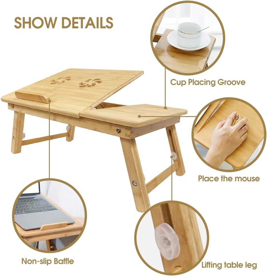 Portable Lap Desk, Clevinger Laptop Desk for Serving Bed Tray Breakfast Table, Bamboo Adjustable Height Angle Foldable Stand with Tablet Phone Slot Notebook Computer Work Study Reading Kids, 50X30Cm image number 4