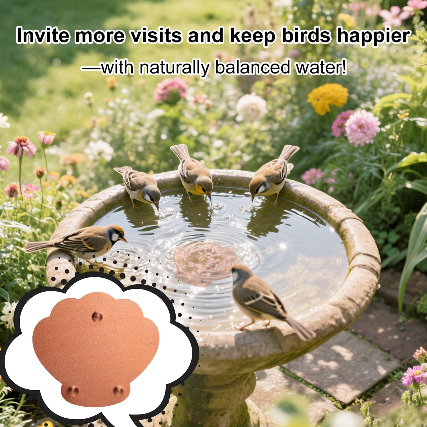 Bird Bath Copper Disk, Shell Shape Reinforced Copper Purification Disk with Triple-Point Practical Bird Bath & Bowls Cleaner for Outdoor All-Season Use