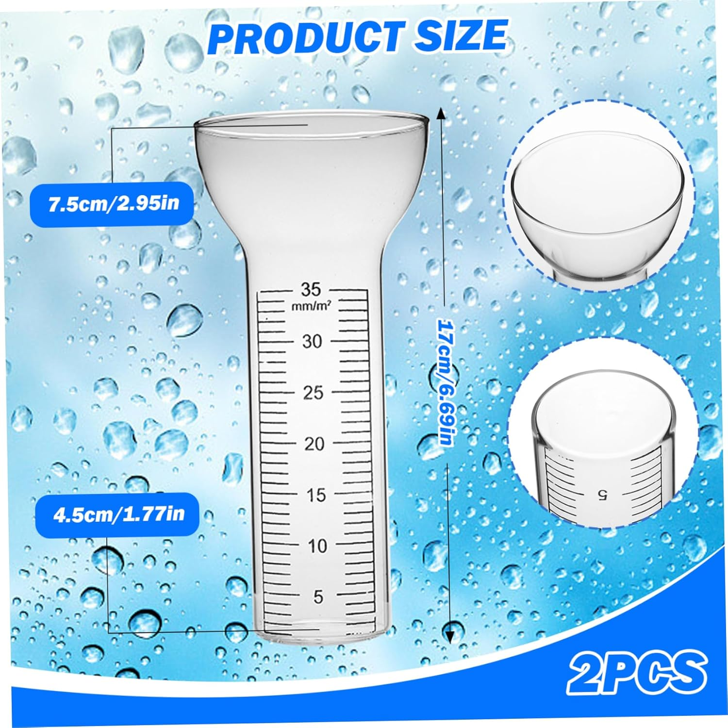 Rain Gauge Replacement Tube 2Pcs Freeze Proof Glass Rain Gauge Tube with Clear Marks Funnel-Shaped Open Rain Gauges for Yard Garden Water Gauge for Garden image number 1