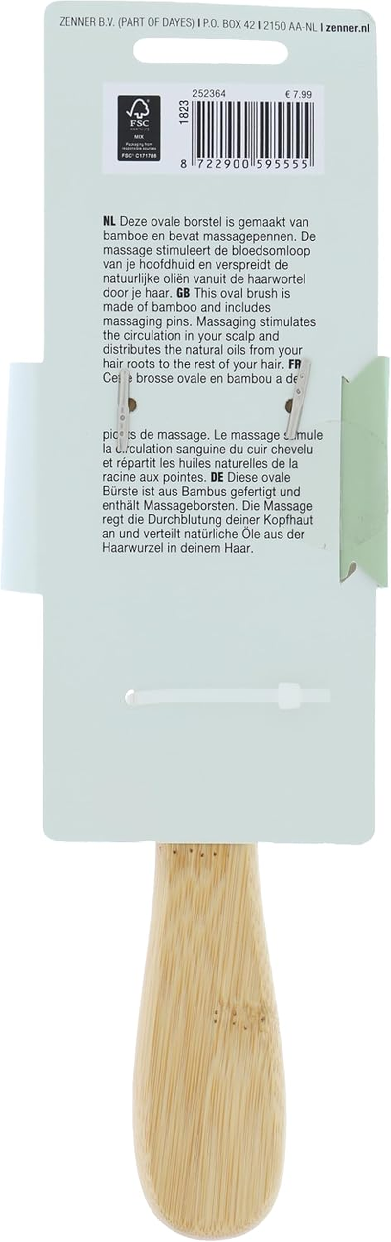 Zenner Bamboo Massage Oval Brush - Wooden Scalp Massage Brush - Oval Cushion Design with Bamboo Handle - for Daily Care & Natural Oil Distribution