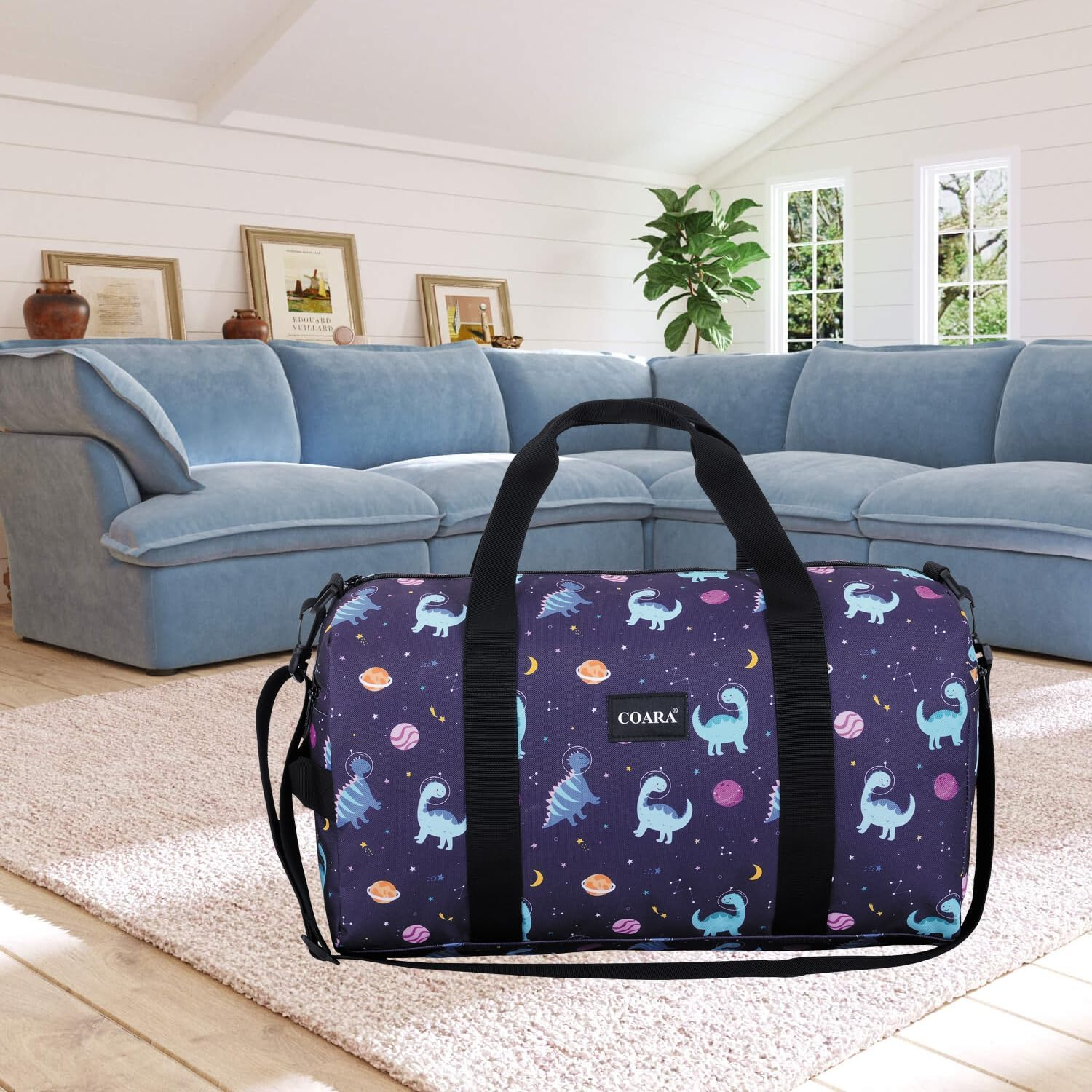 Kids Duffel Bag Overnight Bag for Boys and Girls Weekender Carry-On Personalized Tote for Traveling Gym Sport Dance, Multicolor, Dinosaur Navy image number 5