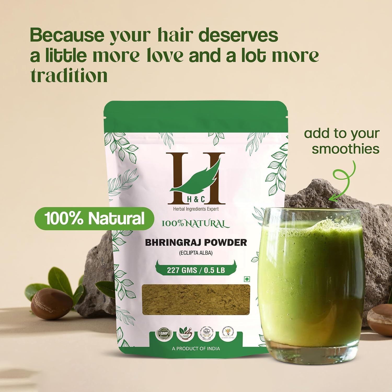 H & C- 100% Natural Bhringraj Powder for Hair (227G / 0.5 LB/ 240Ml) - Hair Growth Rejuvenator from Indian Ayurveda image number 1