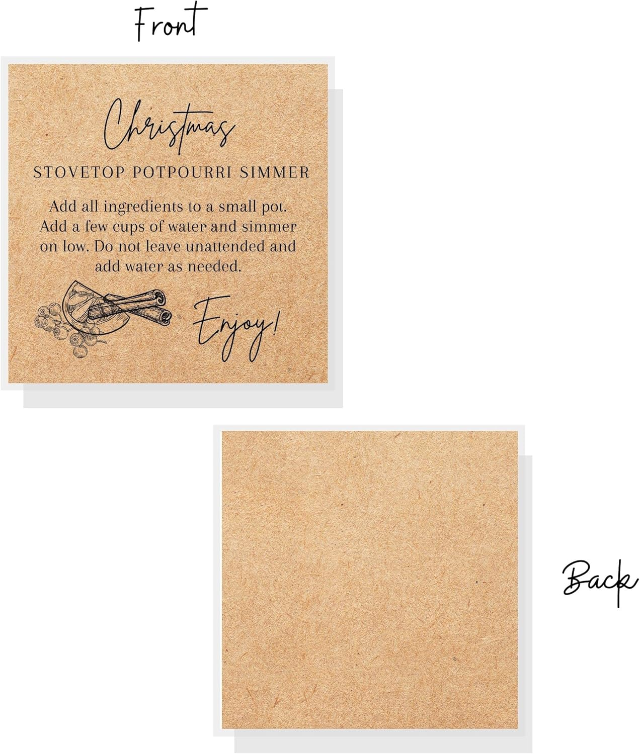 Christmas Stovetop Potpourri Simmer Instruction Cards | 30 Pack | 2.5 X 2.5" Inches Square Card | Potpourri | Kraft Christmas Design image number 3