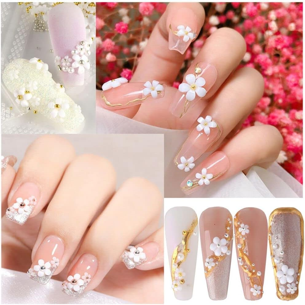3D Flower Nail Art Charms, 250Pcs White Flowers Nail Rhinestones Kit 3D Crystal Nail Pearls Flat Design Acrylic Nail Art Studs Manicures Nail Accessories for Women Girls image number 4