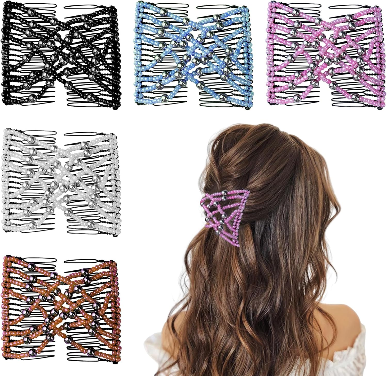 5 Pieces Stretchy Magic Hair Comb Adjustable Elastic Comb Hair Clip for Women Girls No Crease Hair Pins Vintage Hair Bun Maker Hair Accessories for Curly Thick Wavy Hair Ponytail