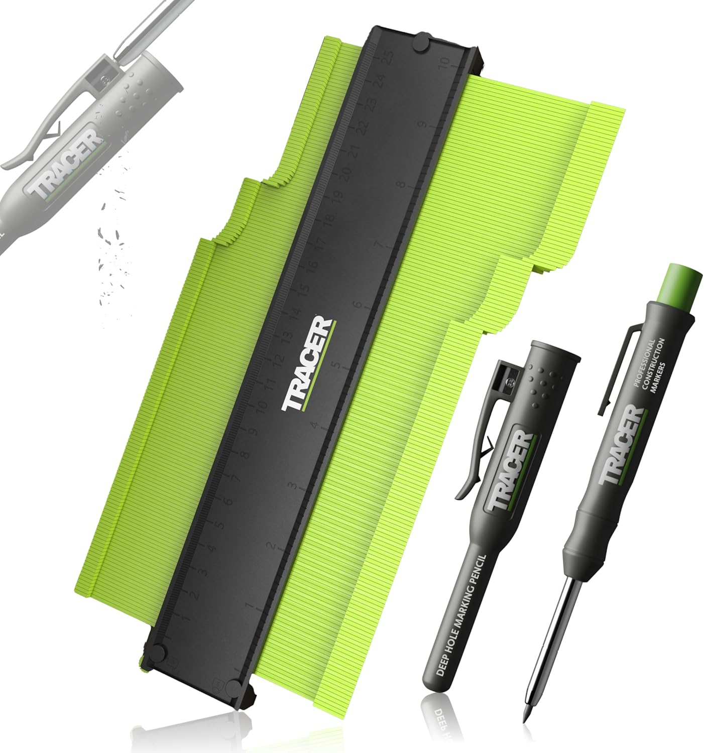 Tracer Contour Gauges and Deep Hole Construction Pencil Set. 130Mm (5&rdquo;) & 250Mm (10&rdquo;) Precise Profile Tools. 2 X Gauges and Carpenters Pencil Set image number 2