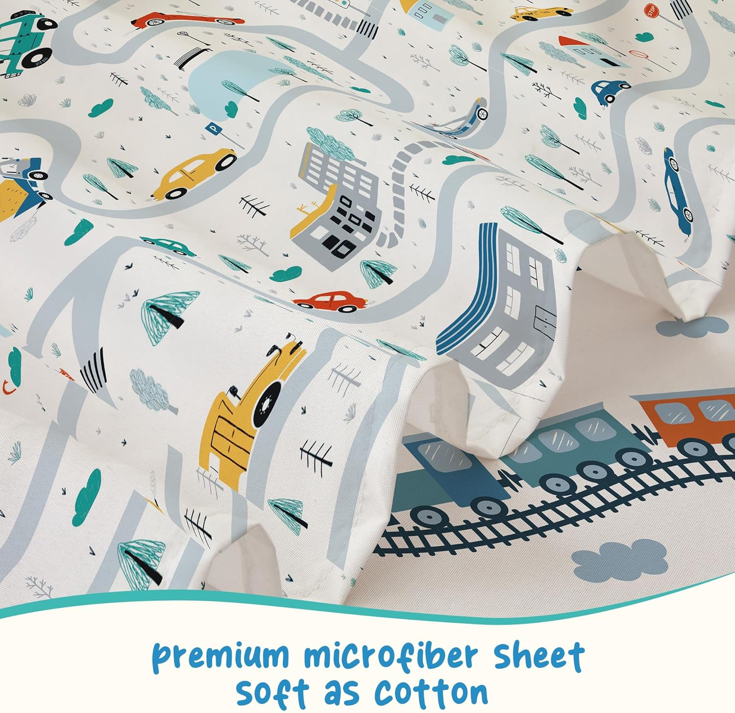 Bedmoon Boys Twin Sheets, Kids Car Truck Soft Microfiber Twin Sheets & Pillowcases with Elastic Corner Straps, White image number 4