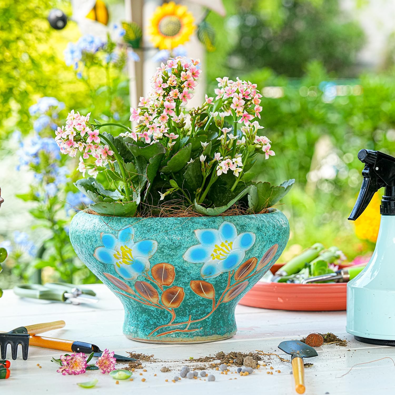 Sungmor Beautiful Handicrafts Ceramic Planters - 9.6 Inch Large Hand Painted Succulent Plant Pot with Drainage - Pretty Desktop Windowsill Landscape Flowerpot - Home & Office Decor Pots image number 4