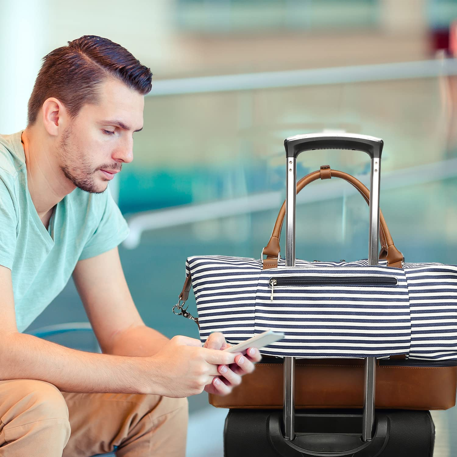 Large Women Canvas Weekender Bag for Travel, 45L Travel Tote Duffel Shoulder Weekend Bag Unisex Overnight Handbag Carry on Duffel Bag (X-Large,Black Stripe) image number 2