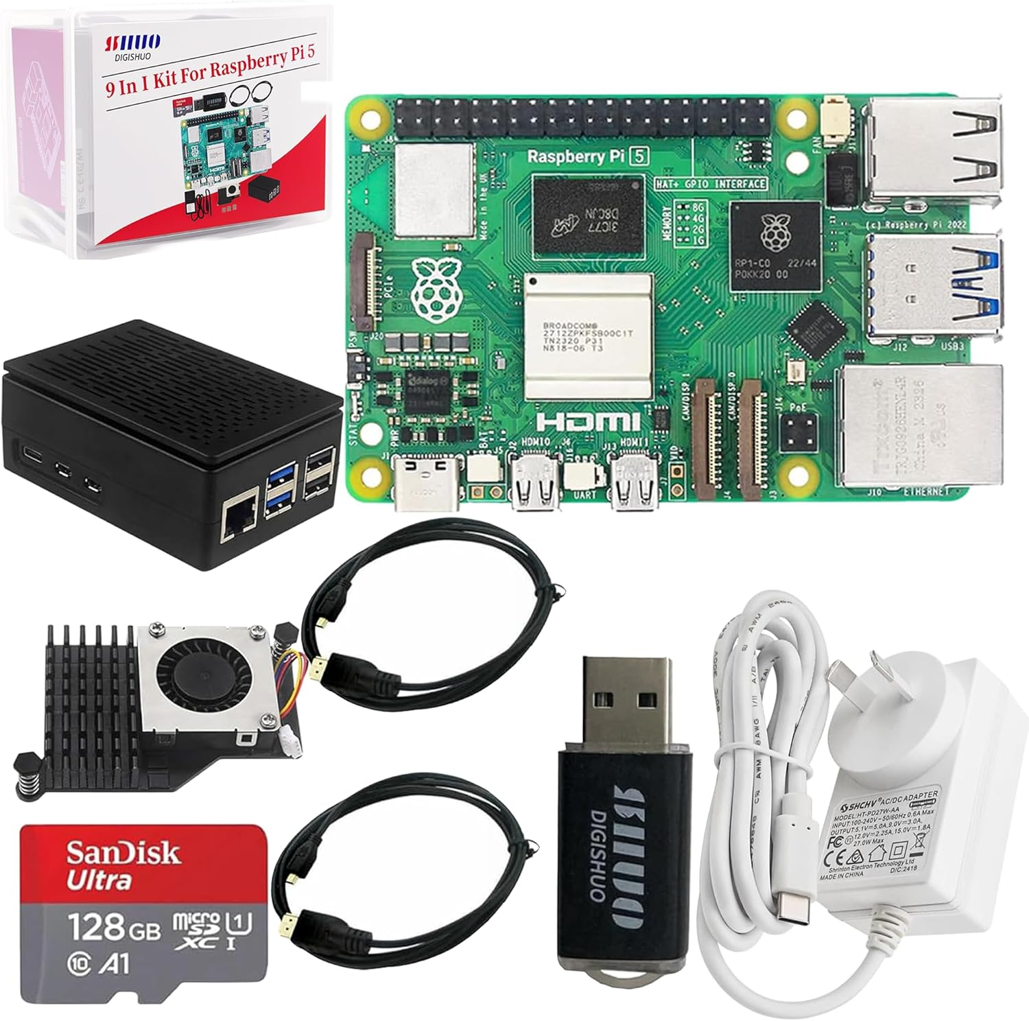 Raspberry Pi 5B Type B 4GB RAM DIY 9-In-1 Kit | 5.1V 5A Power Supply | 2X Micro HDMI Cable | San Disk 128G SD Card Micro SD | Pi 5 Active Cooler | Balck Protective Case (5B 4G 9 in 1 Kit) image number 3