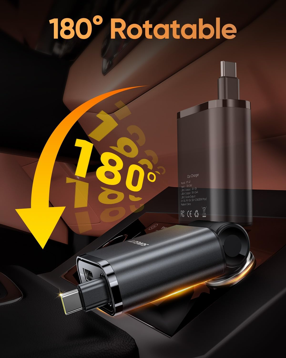 SUNGUY 3-In-1 Car Charger, Ultra-Compact Retractable, Fast Charging, 12/24V Cars, Charge 3 Devices Simultaneously, 80Cm Type-C Cable Compatible with I-Phone 16/15 Series, Ipad/Iwatch/Galaxy