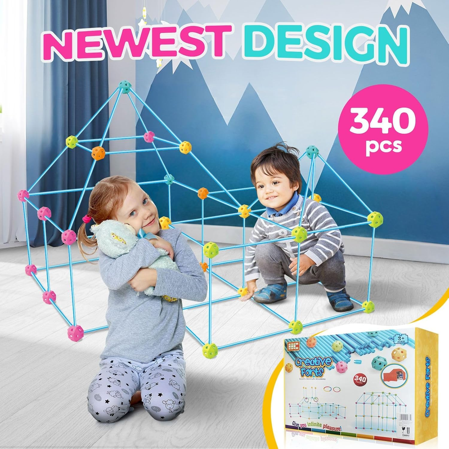 340Pcs Kids DIY Fort Building Kit Construction Builder Castle Educational Toy Creative STEM Learning Play Set, Boys Girls DIY Building Tunnels Play Tent Indoor & Outdoor - 137-14A 340Pcs image number 7