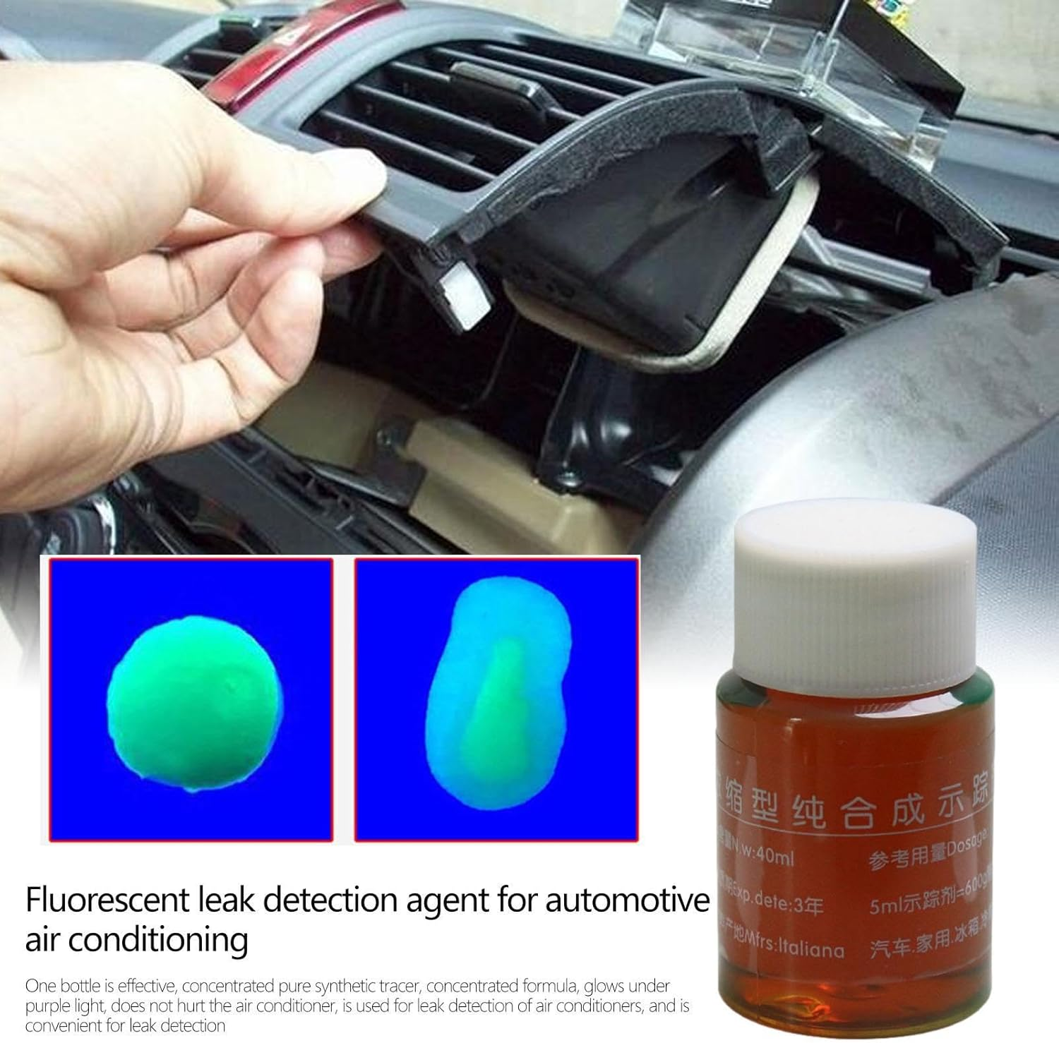 AC Leak Detector, 40Ml Fluorescent Leak Detector | Effective for Engine Coolant Dyes, Oil Spills, Automotive Hoses, Air Conditioners, Water Pumps image number 1