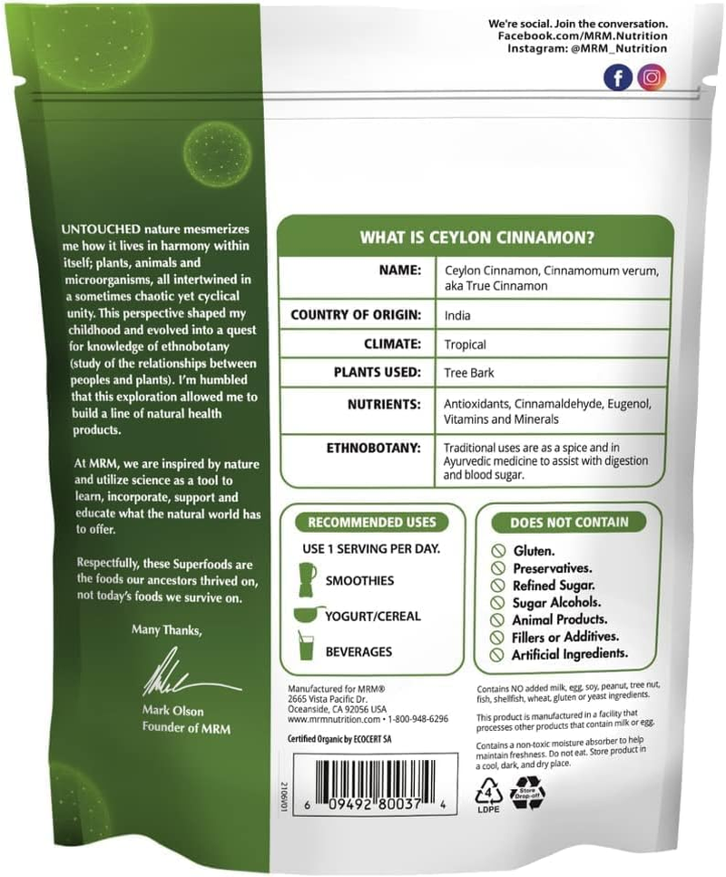 MRM Nutrition Organic Ceylon Cinnamon Powder | True Cinnamon | Antioxidant + Superfood | Gluten-Free + Vegan | 113 Servings