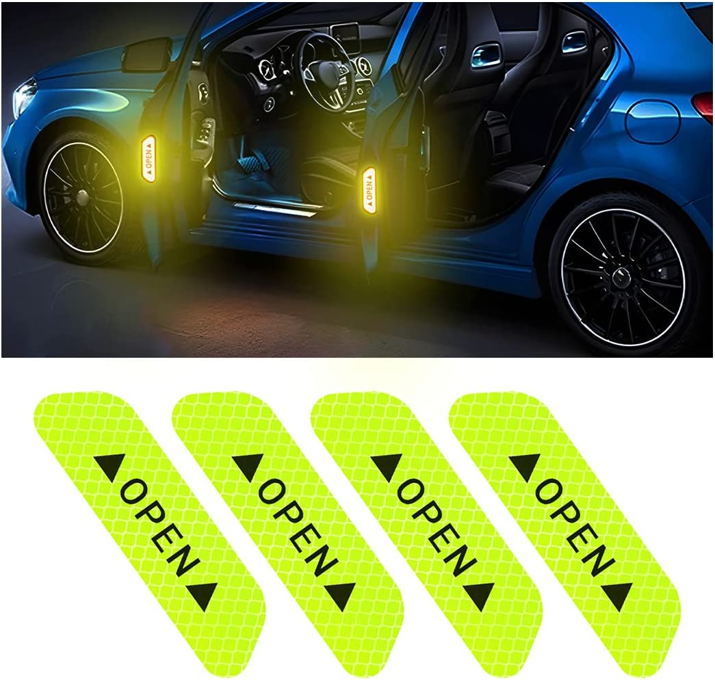 4PCS Reflective Open Warning Stickers for Car Door, Night Visibility Auto Safety Prompt Decals, 3.6 Inch Anti-Collision Protective Strip Tape, Car Accessories Universal for Truck, SUV, Van (Yellow)